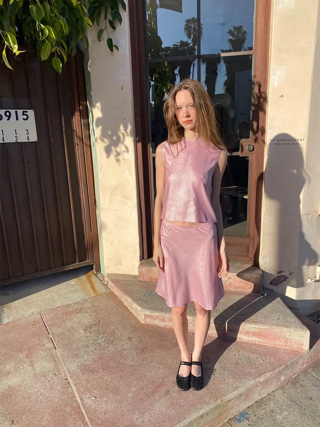 Risque Rose | Pearl Pink Silver Hot Stamping Silk Tank Top & Skirt Set