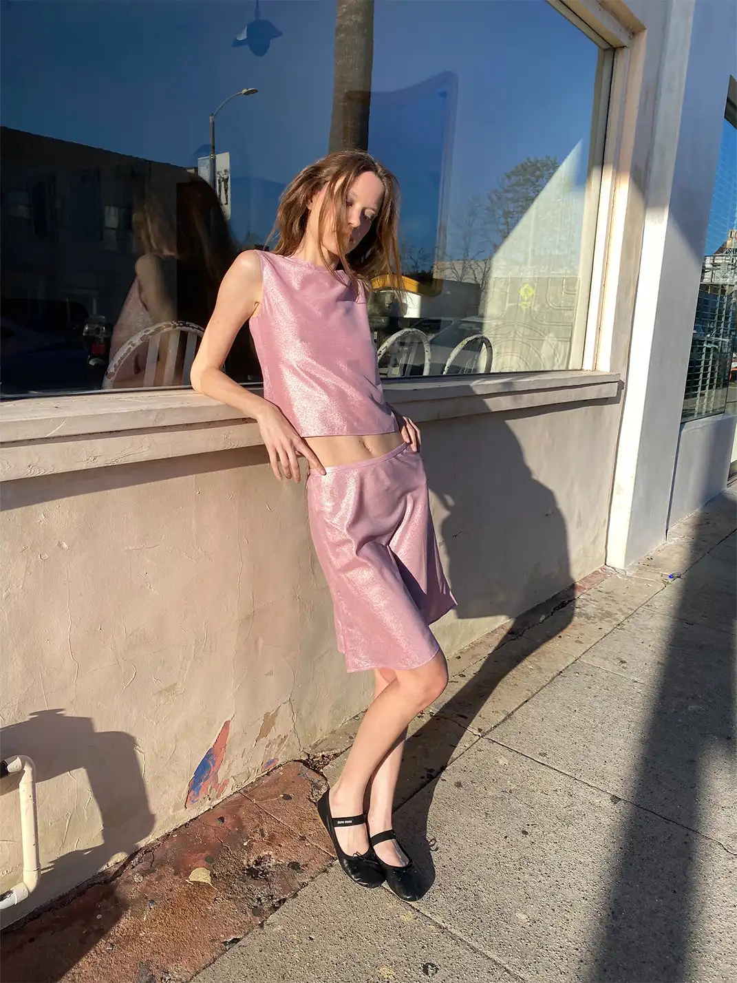 Risque Rose | Pearl Pink Silver Hot Stamping Silk Tank Top & Skirt Set