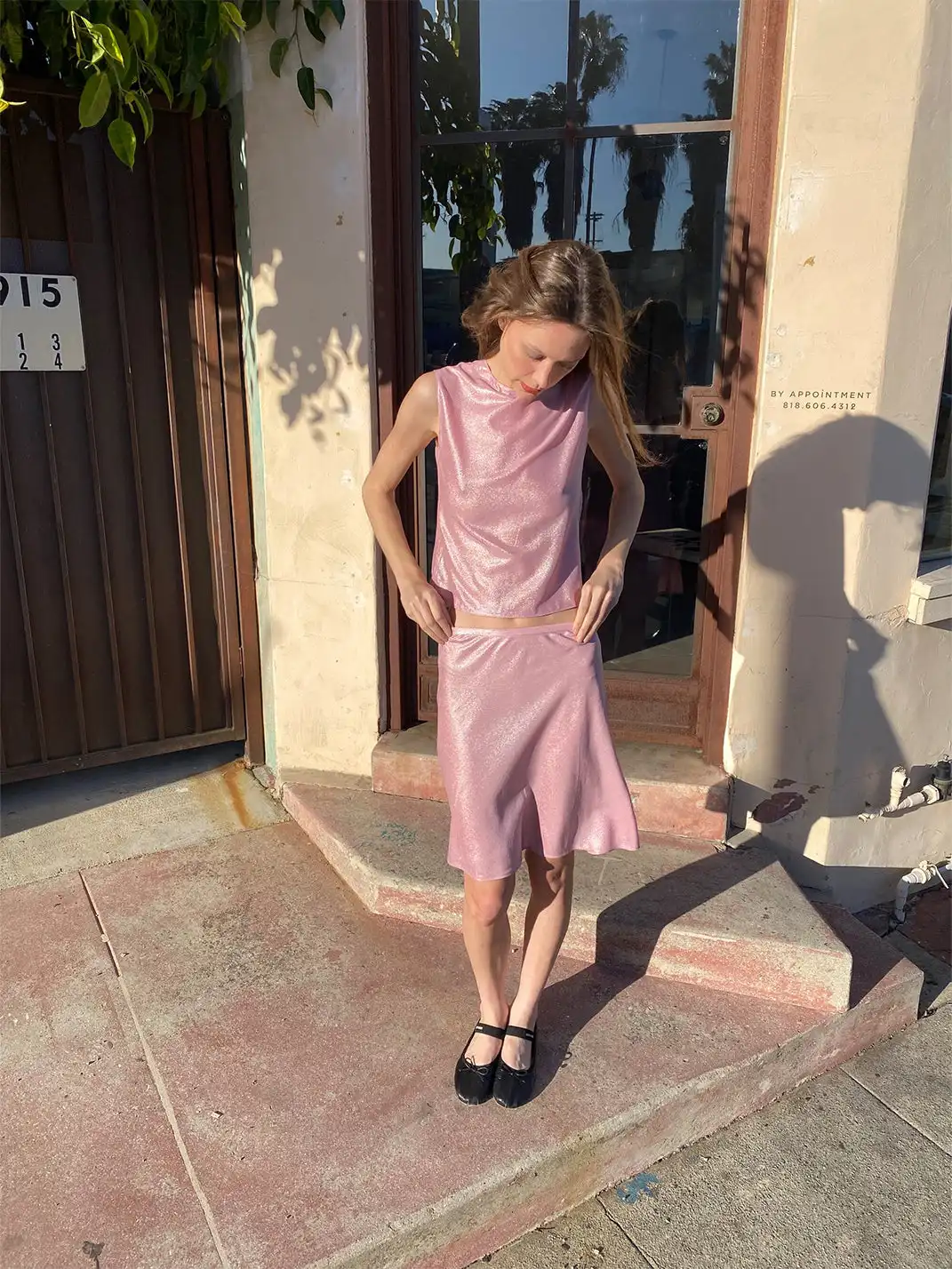 Risque Rose | Pearl Pink Silver Hot Stamping Silk Tank Top & Skirt Set