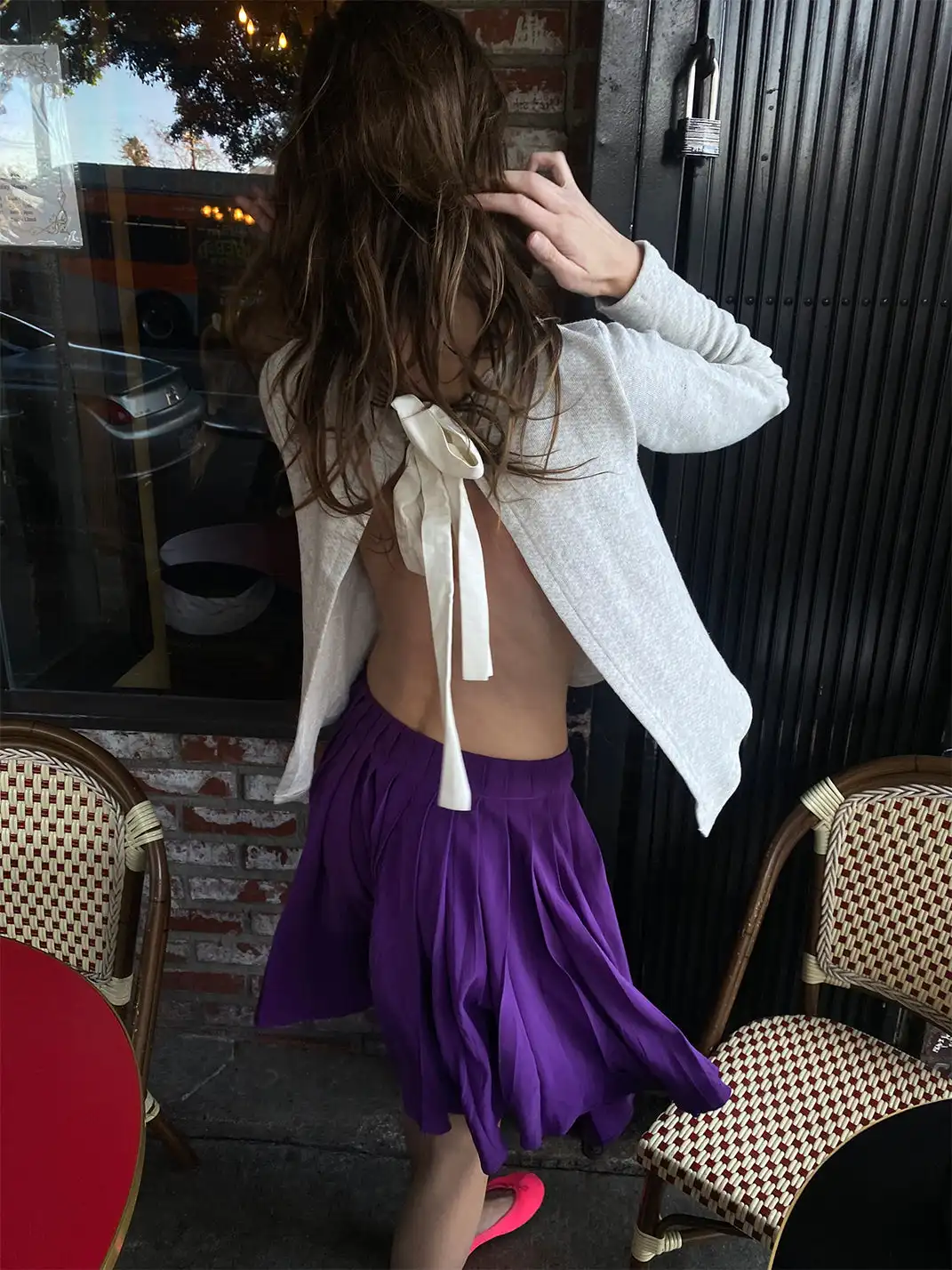 Risque Rose | Grey Tie Hoodie + Purple Silk Skirt
