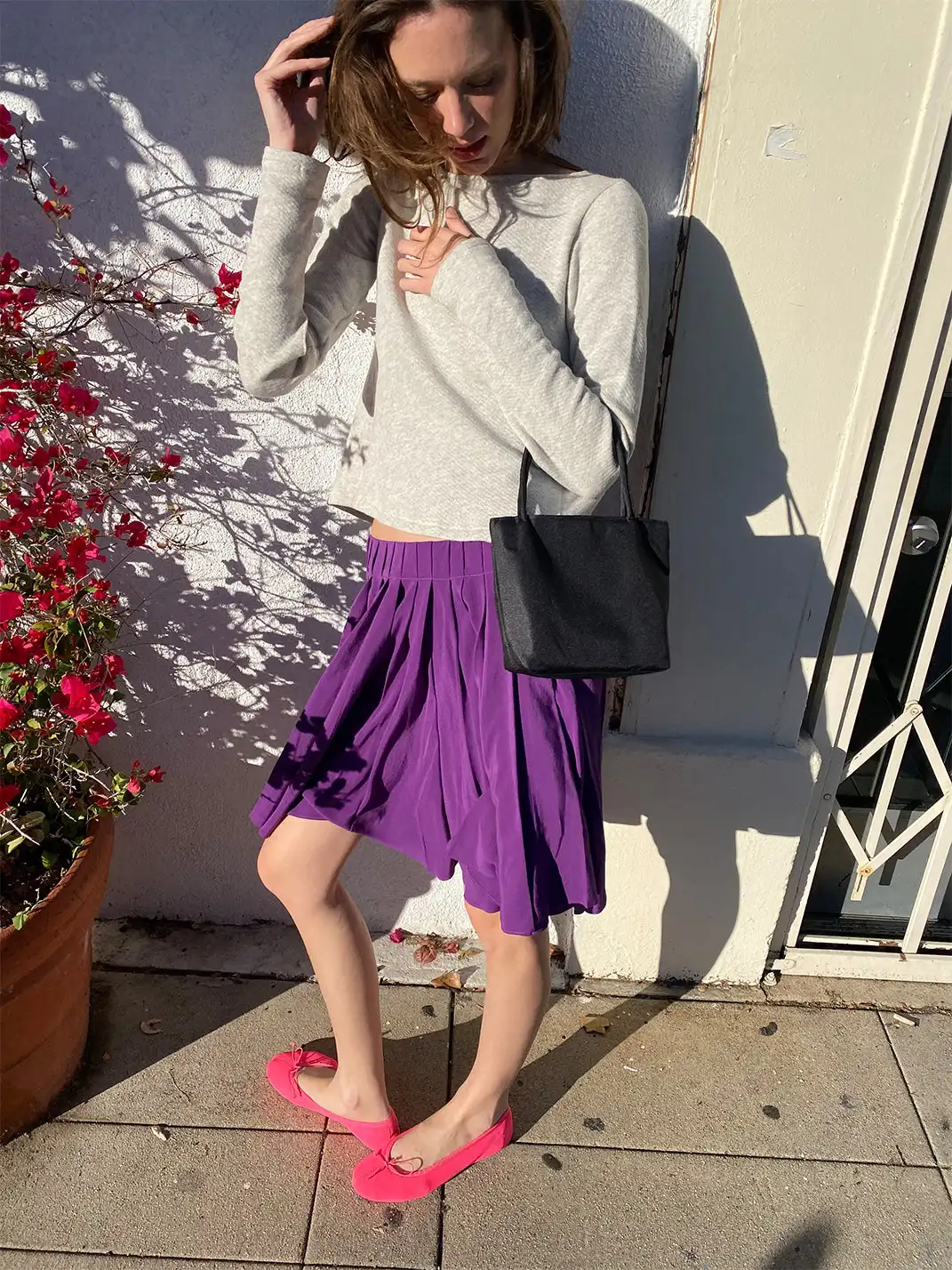 Risque Rose | Grey Tie Hoodie + Purple Silk Skirt
