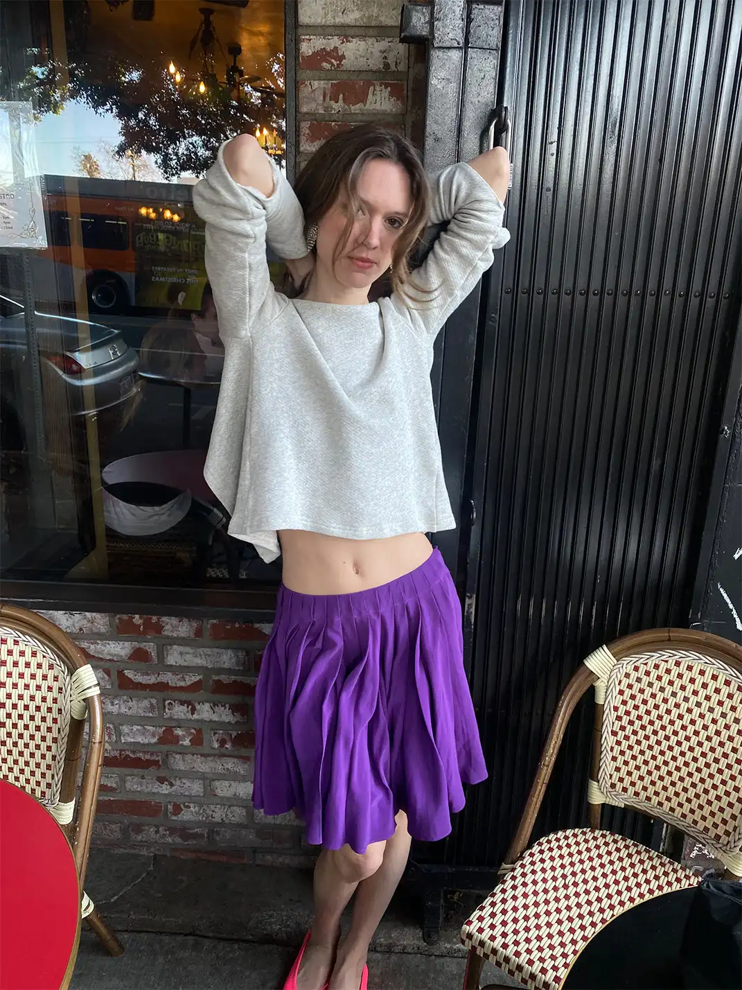 Risque Rose | Grey Tie Hoodie + Purple Silk Skirt