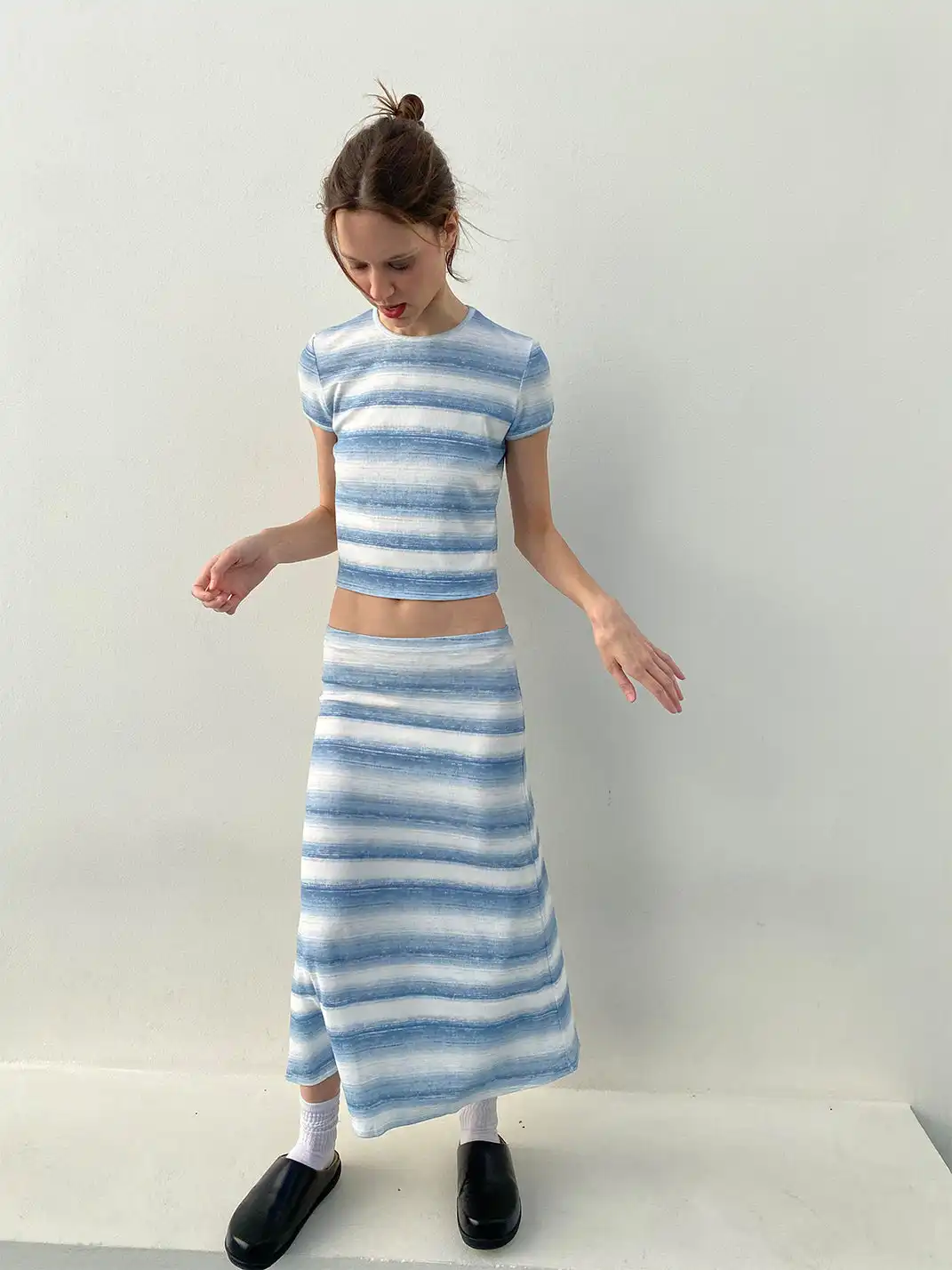 Risque Rose | Blue Striped Ribbed T-Shirt & Long Dress Set