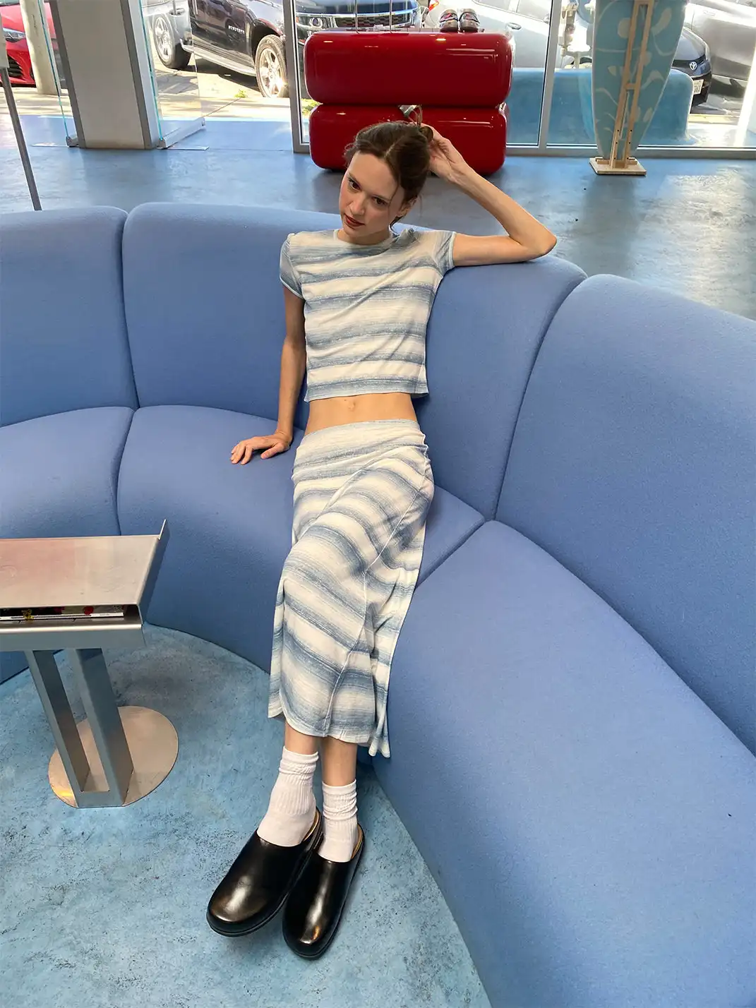 Risque Rose | Blue Striped Ribbed T-Shirt & Long Dress Set
