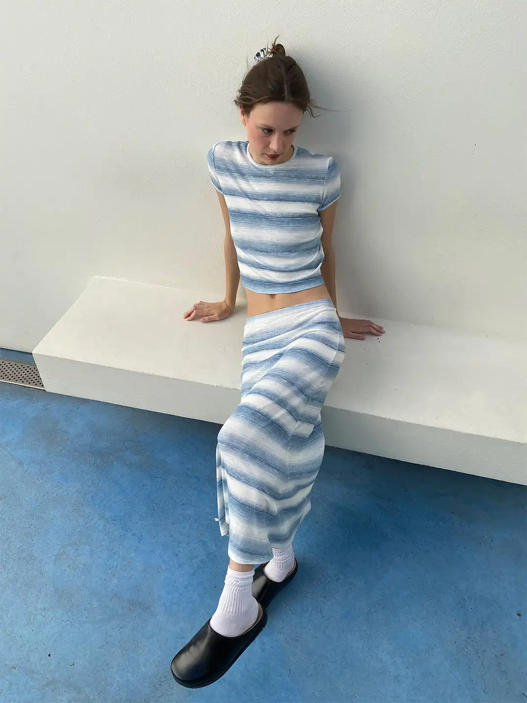 Risque Rose | Blue Striped Ribbed T-Shirt & Long Dress Set