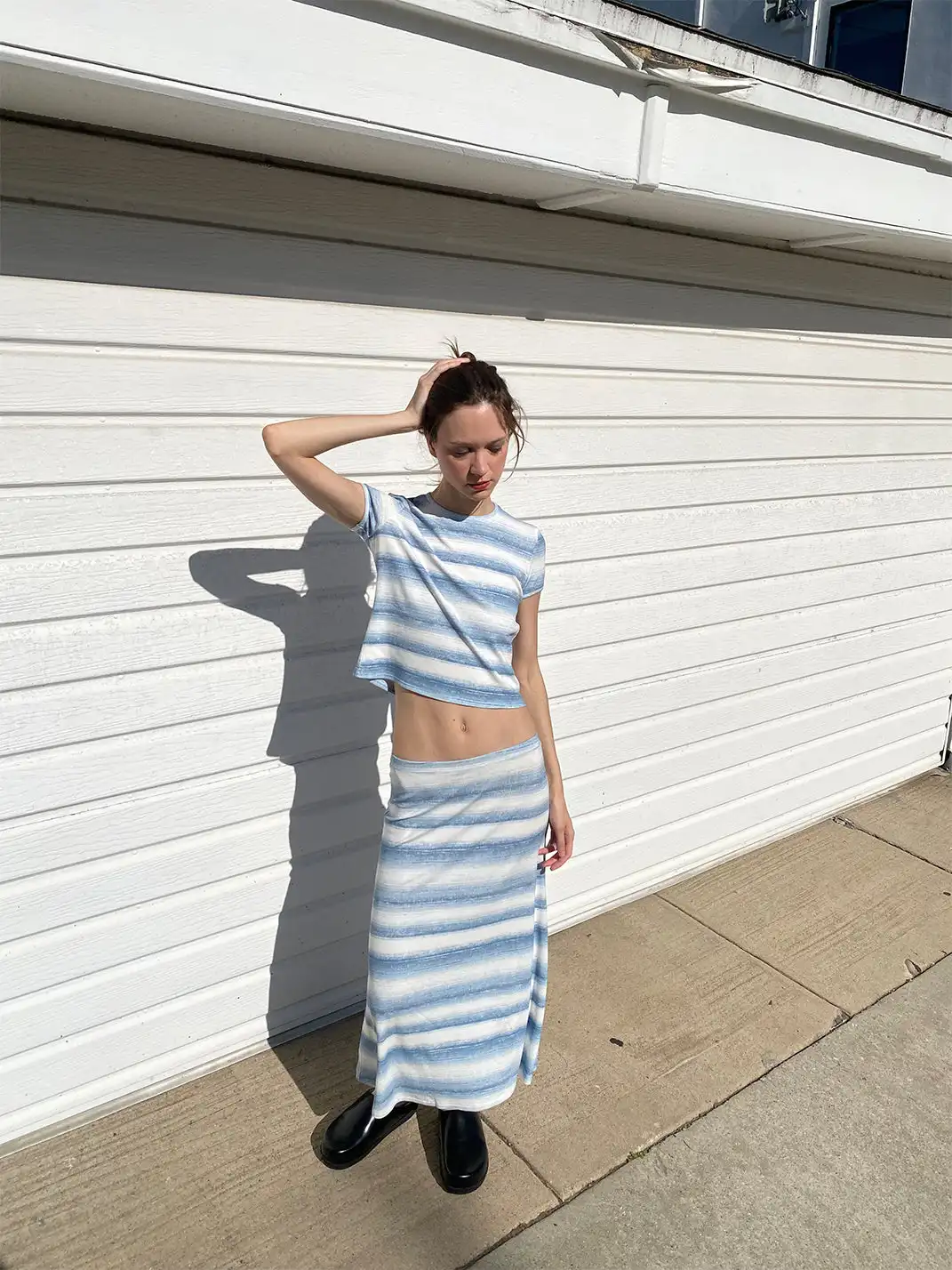Risque Rose | Blue Striped Ribbed T-Shirt & Long Dress Set