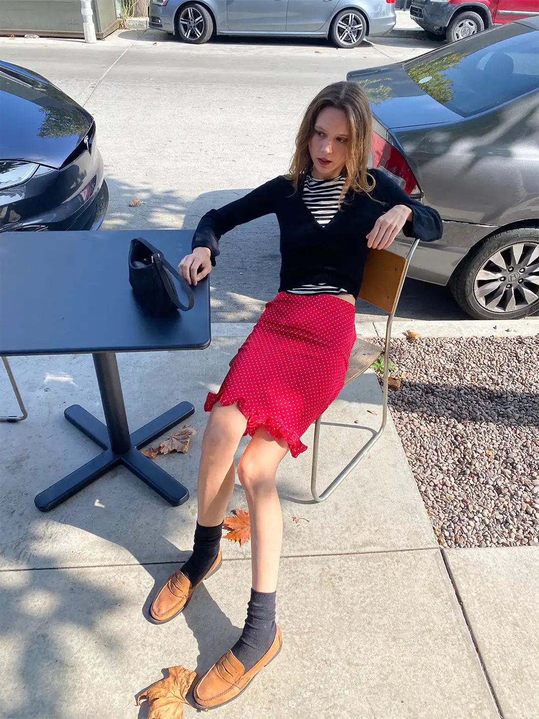 Risque Rose | Wool Knitwear + Polka Dot Satin Silk Skirt