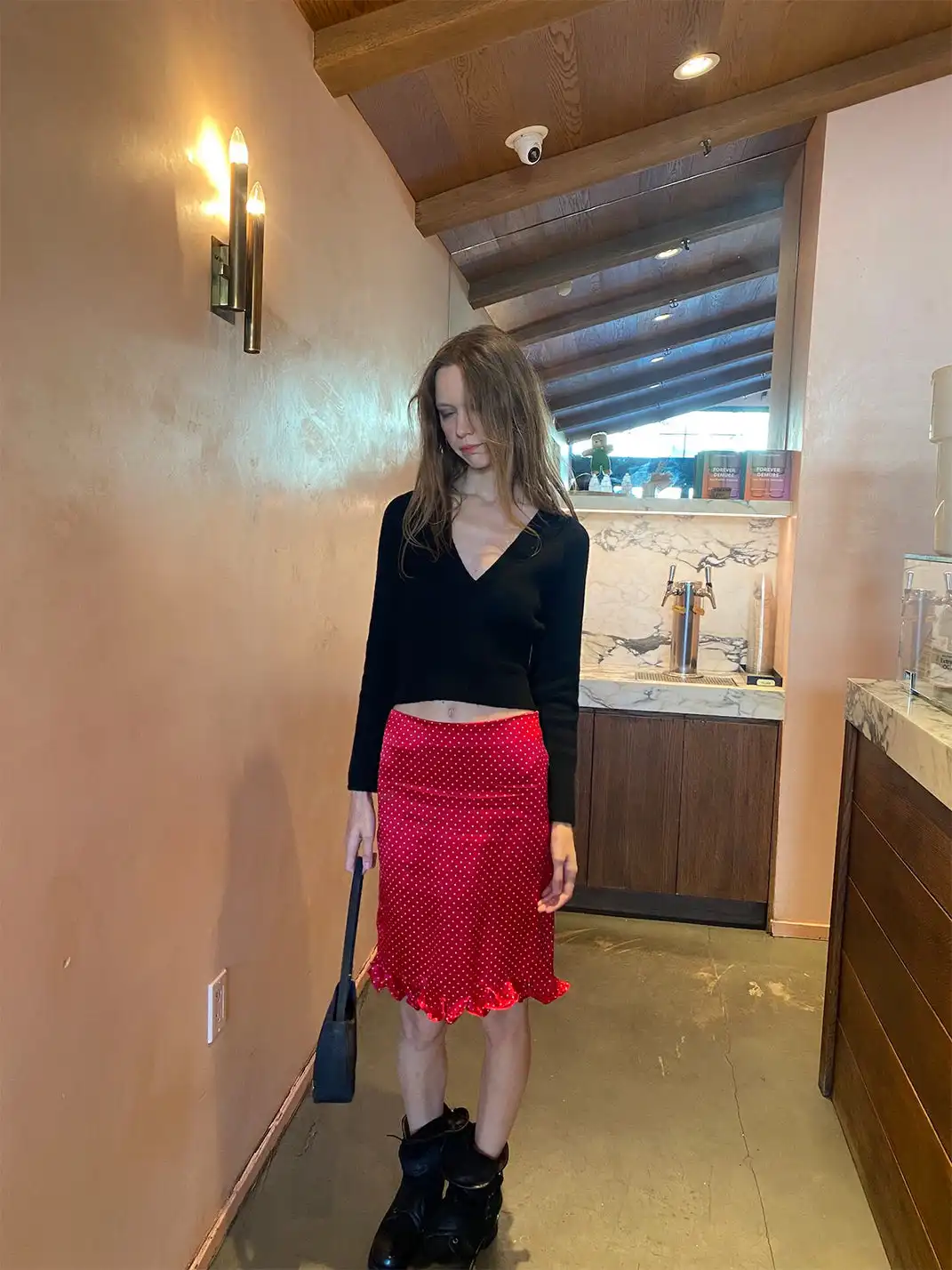 Risque Rose | Wool Knitwear + Polka Dot Satin Silk Skirt