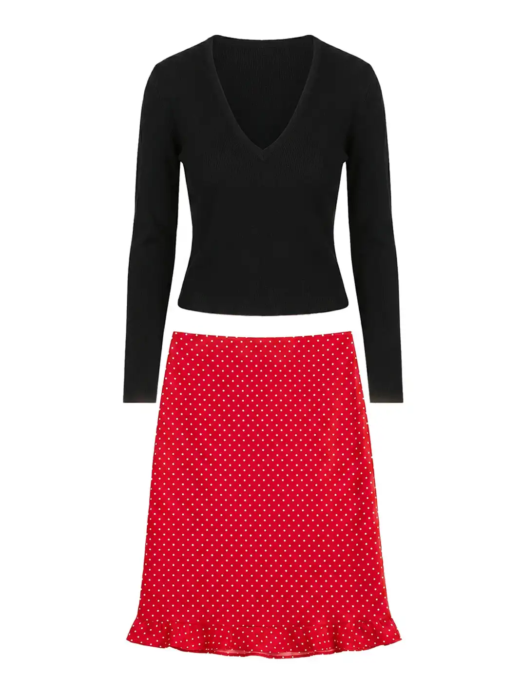 Risque Rose | Wool Knitwear + Polka Dot Satin Silk Skirt