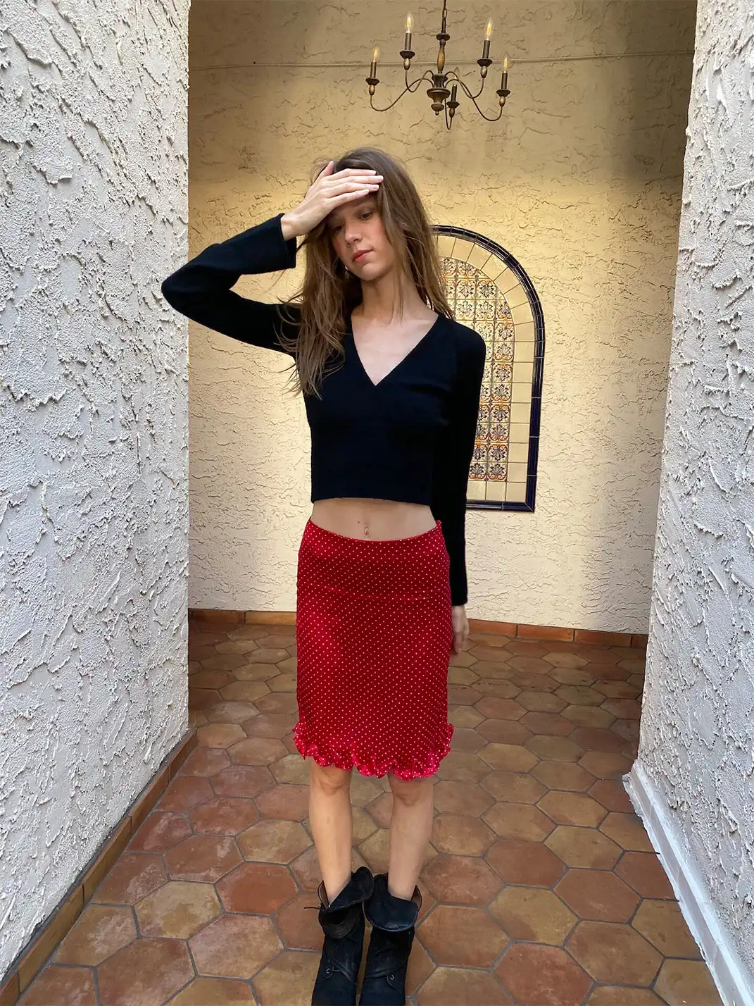 Risque Rose | Wool Knitwear + Polka Dot Satin Silk Skirt