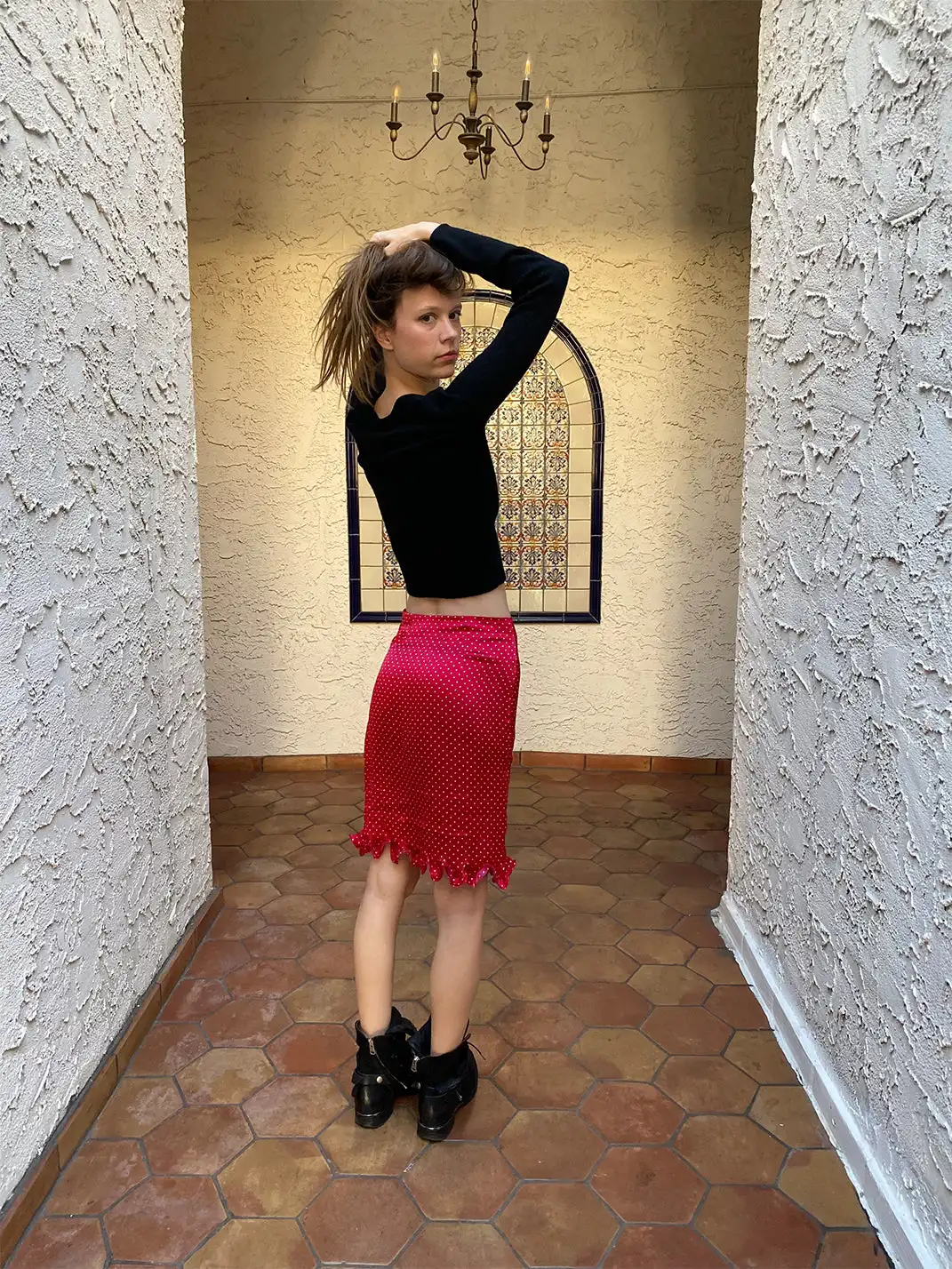 Risque Rose | Wool Knitwear + Polka Dot Satin Silk Skirt