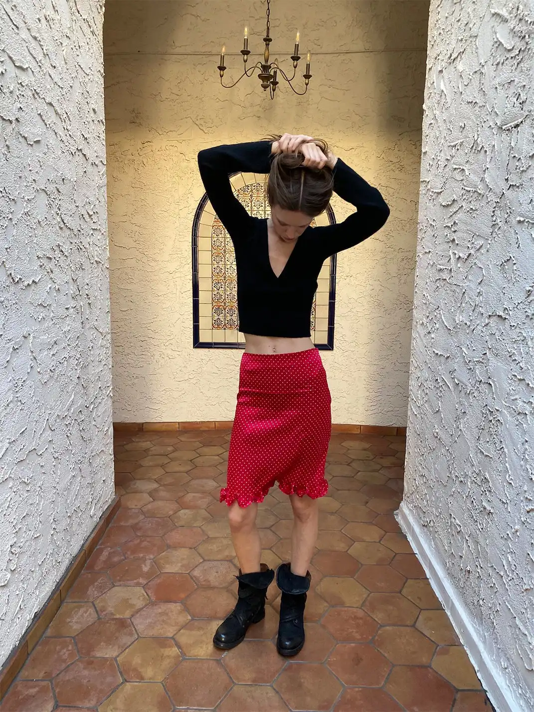 Risque Rose | Wool Knitwear + Polka Dot Satin Silk Skirt