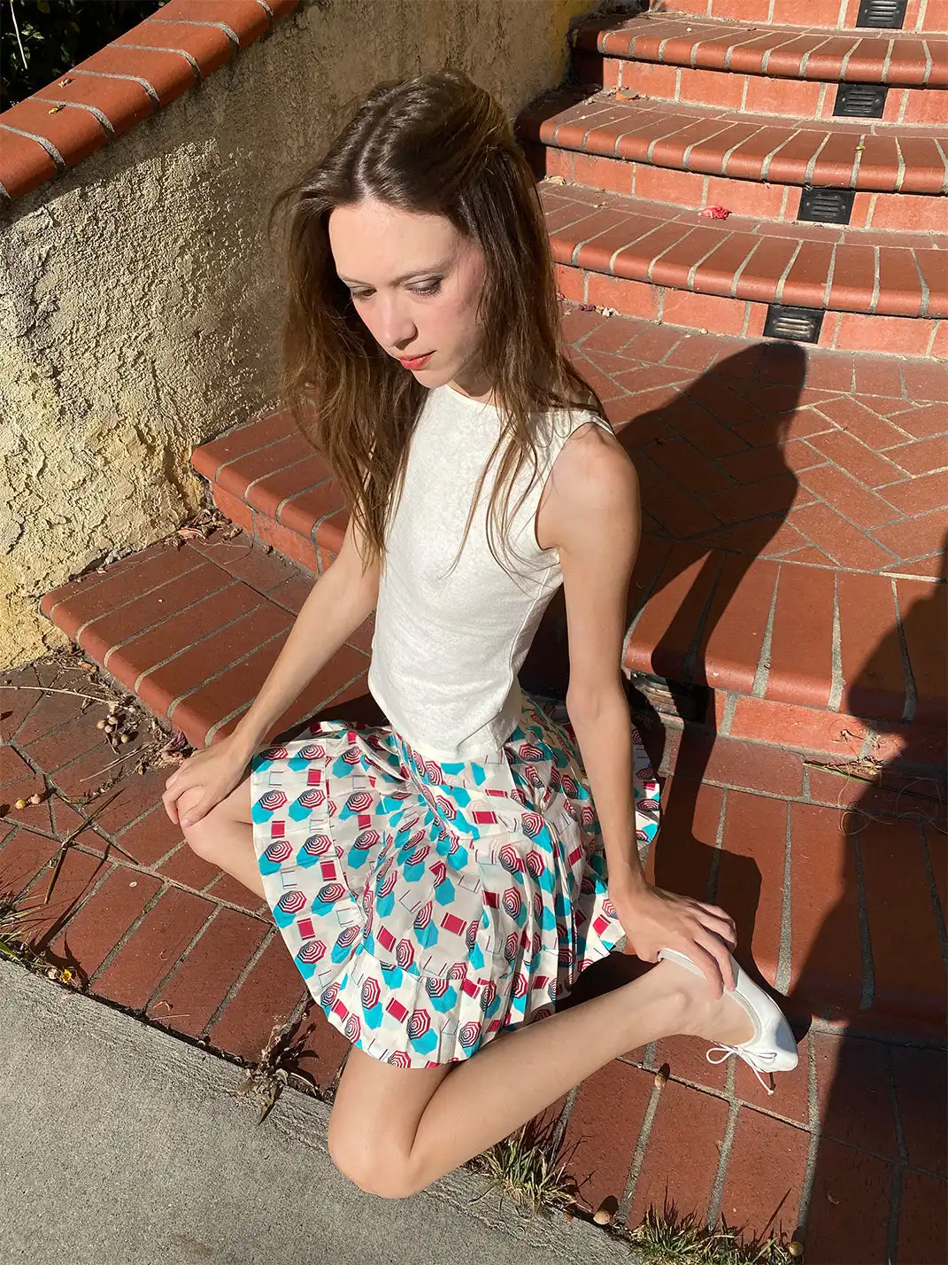 Risque Rose | Silk Crepe De Chine Umbrella Printed Pleated Skirt