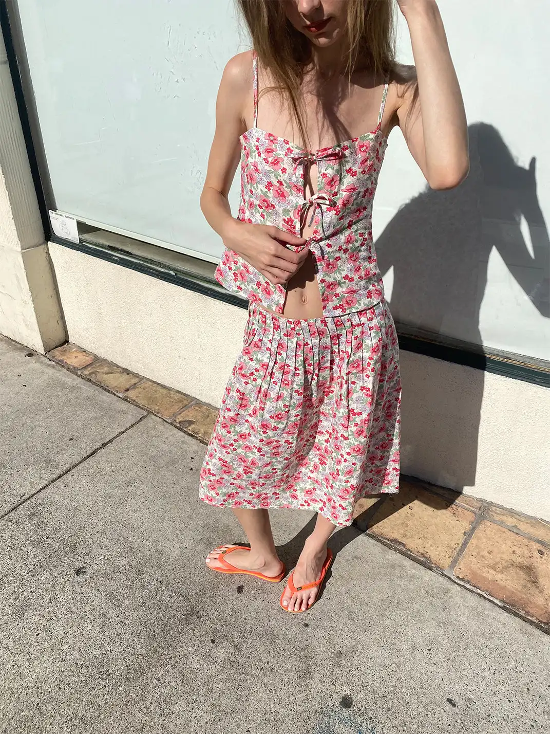 Risque Rose | Linen Floral Camisole And Skirt Set