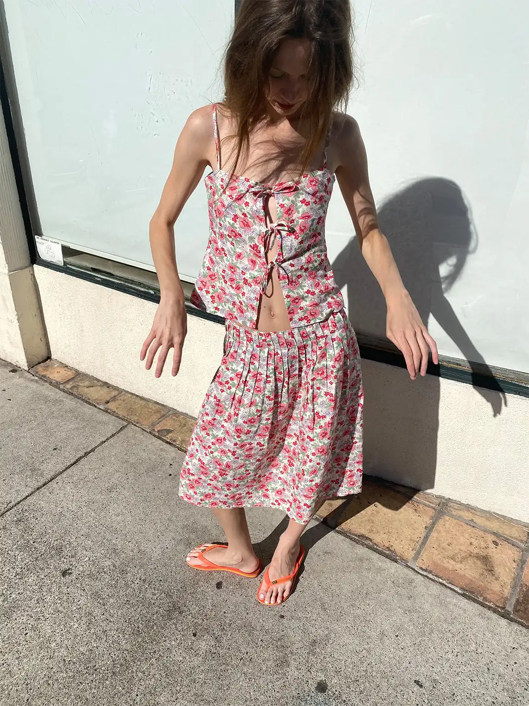 Risque Rose | Linen Floral Camisole And Skirt Set