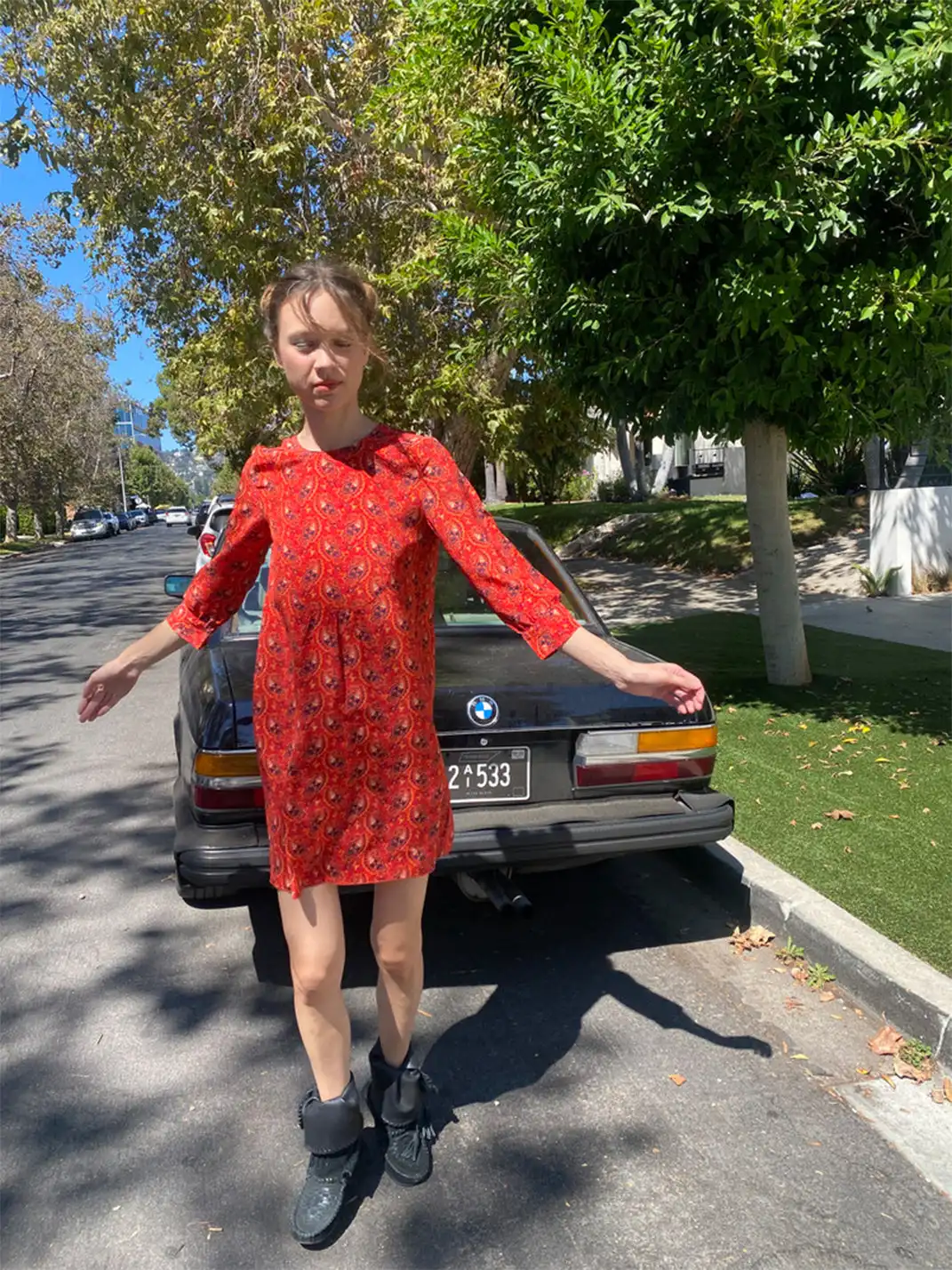 Risque Rose | Orange Red Printed Silk Dress