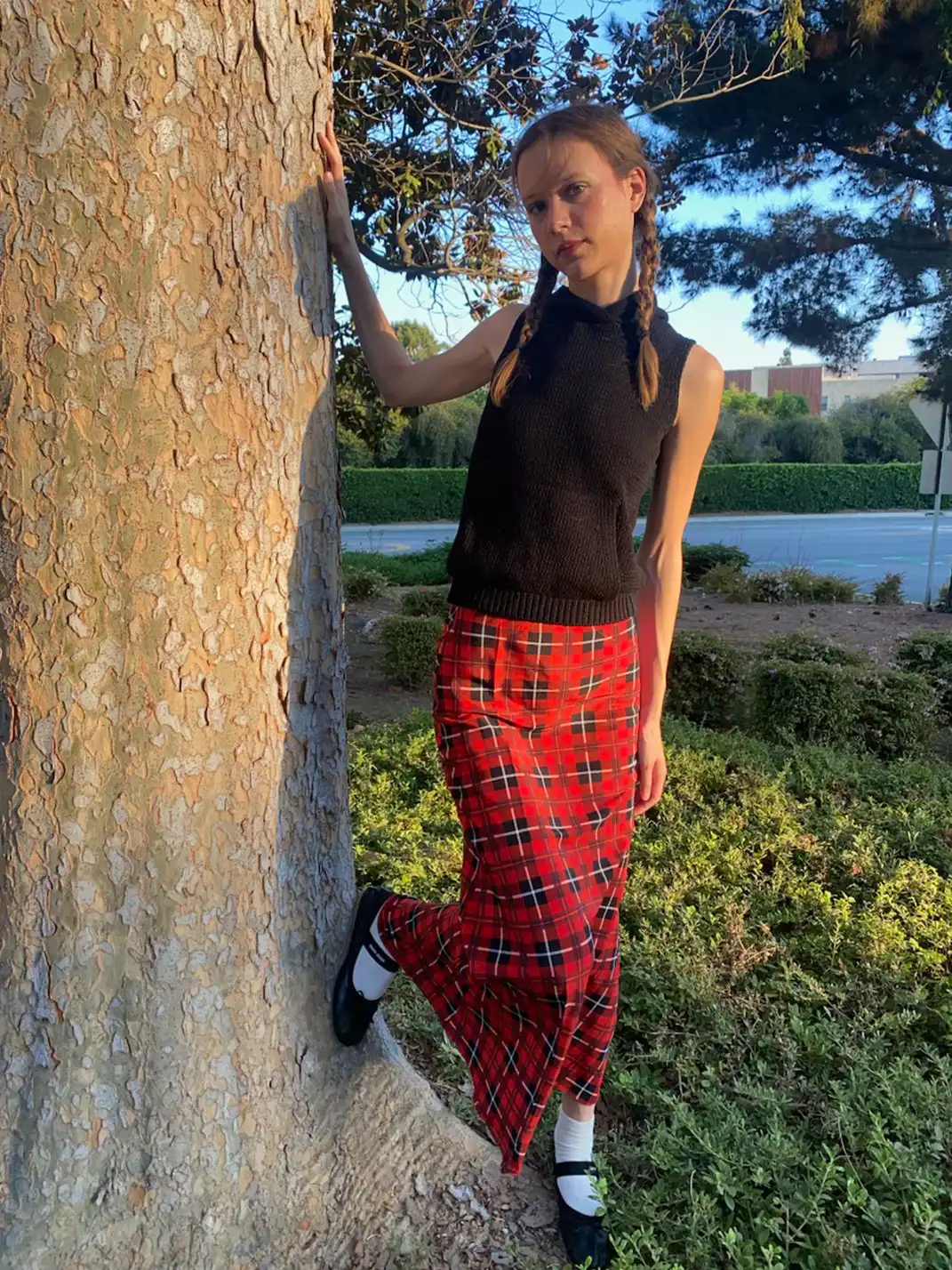Risque Rose | Hooded Knitwear + Plaid Silk Crepe De Chine Skirt