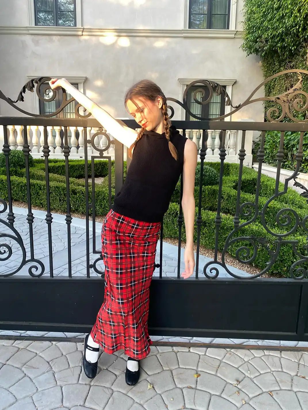 Risque Rose | Hooded Knitwear + Plaid Silk Crepe De Chine Skirt