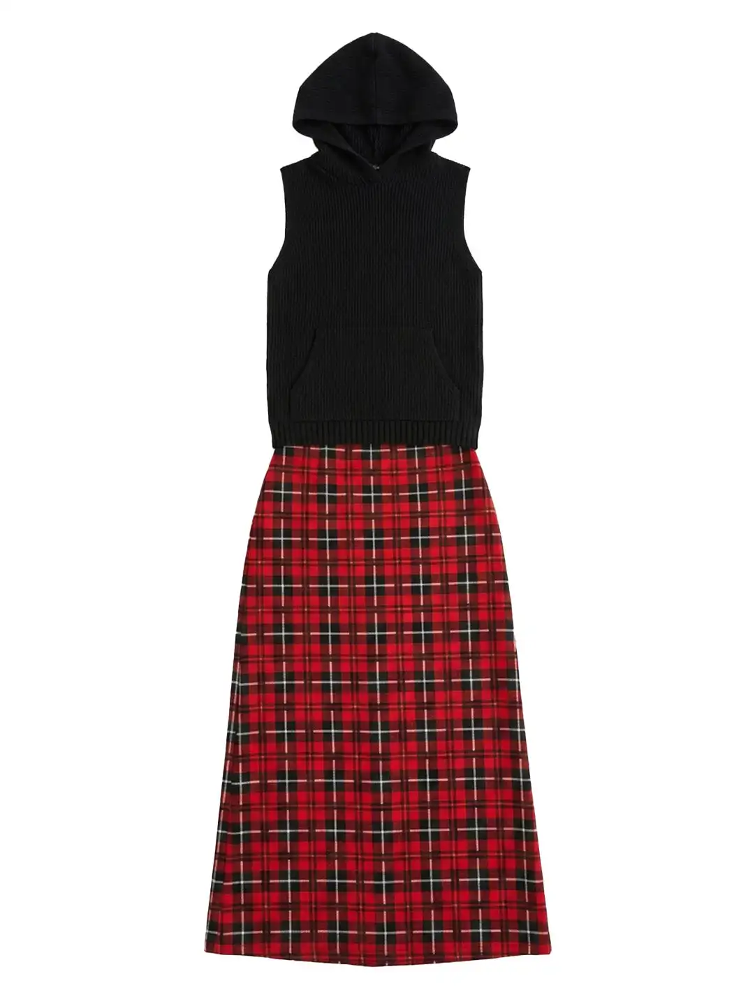Risque Rose | Hooded Knitwear + Plaid Silk Crepe De Chine Skirt