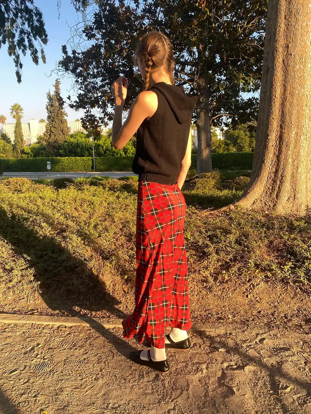 Risque Rose | Hooded Knitwear + Plaid Silk Crepe De Chine Skirt