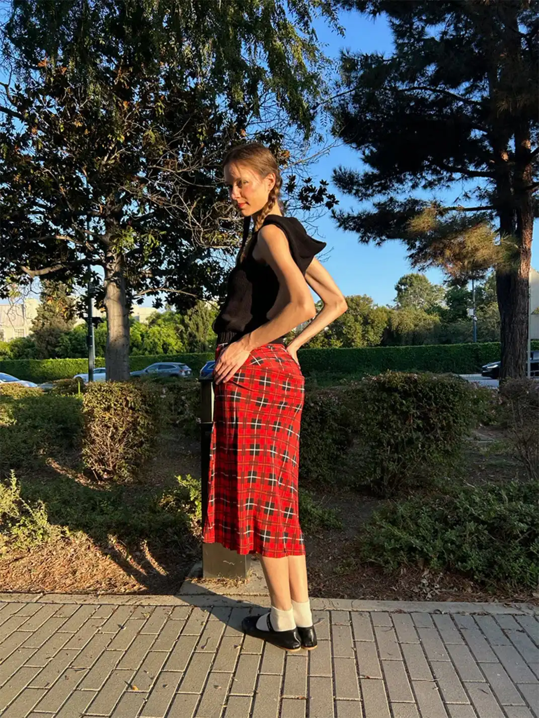 Risque Rose | Hooded Knitwear + Plaid Silk Crepe De Chine Skirt