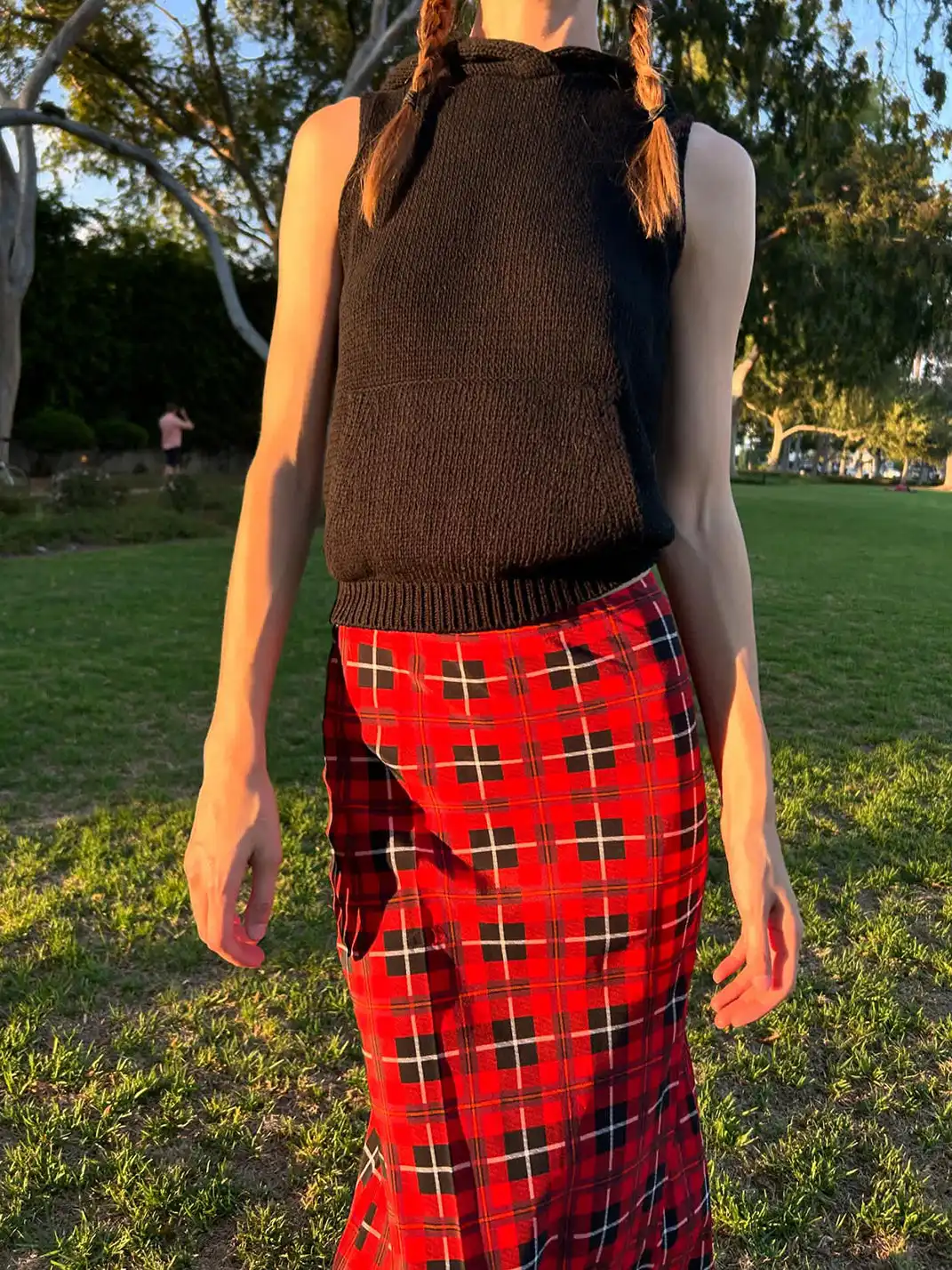 Risque Rose | Hooded Knitwear + Plaid Silk Crepe De Chine Skirt