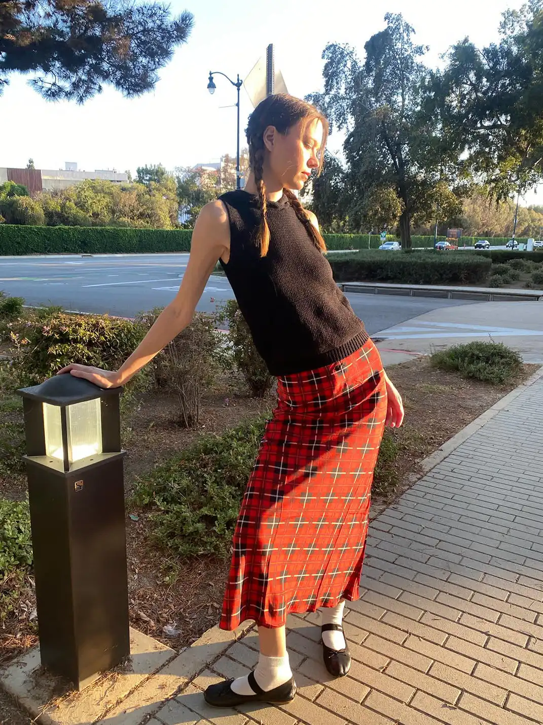 Risque Rose | Hooded Knitwear + Plaid Silk Crepe De Chine Skirt