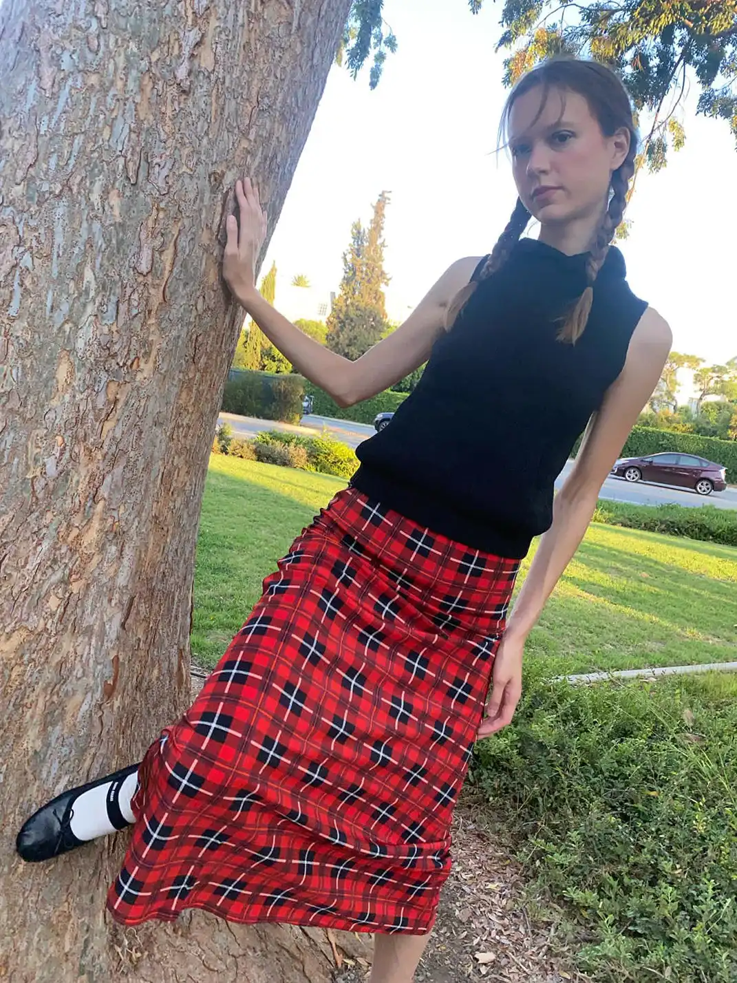 Risque Rose | Hooded Knitwear + Plaid Silk Crepe De Chine Skirt