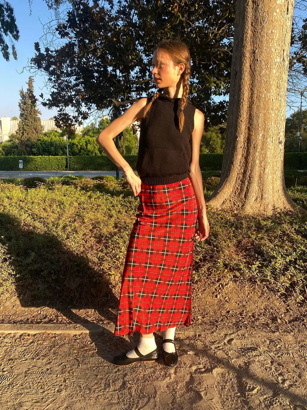 Risque Rose | Hooded Knitwear + Plaid Silk Crepe De Chine Skirt