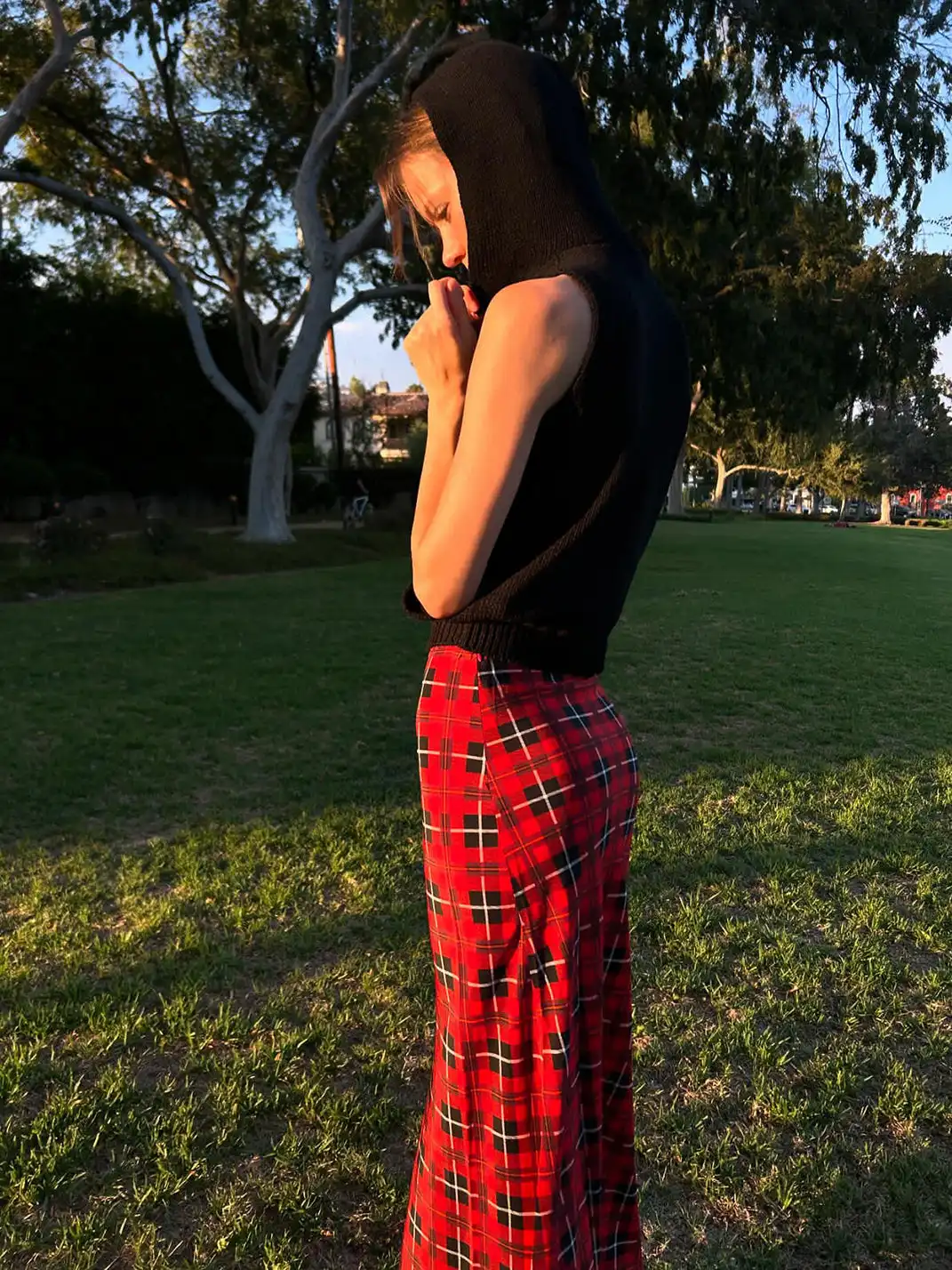 Risque Rose | Hooded Knitwear + Plaid Silk Crepe De Chine Skirt