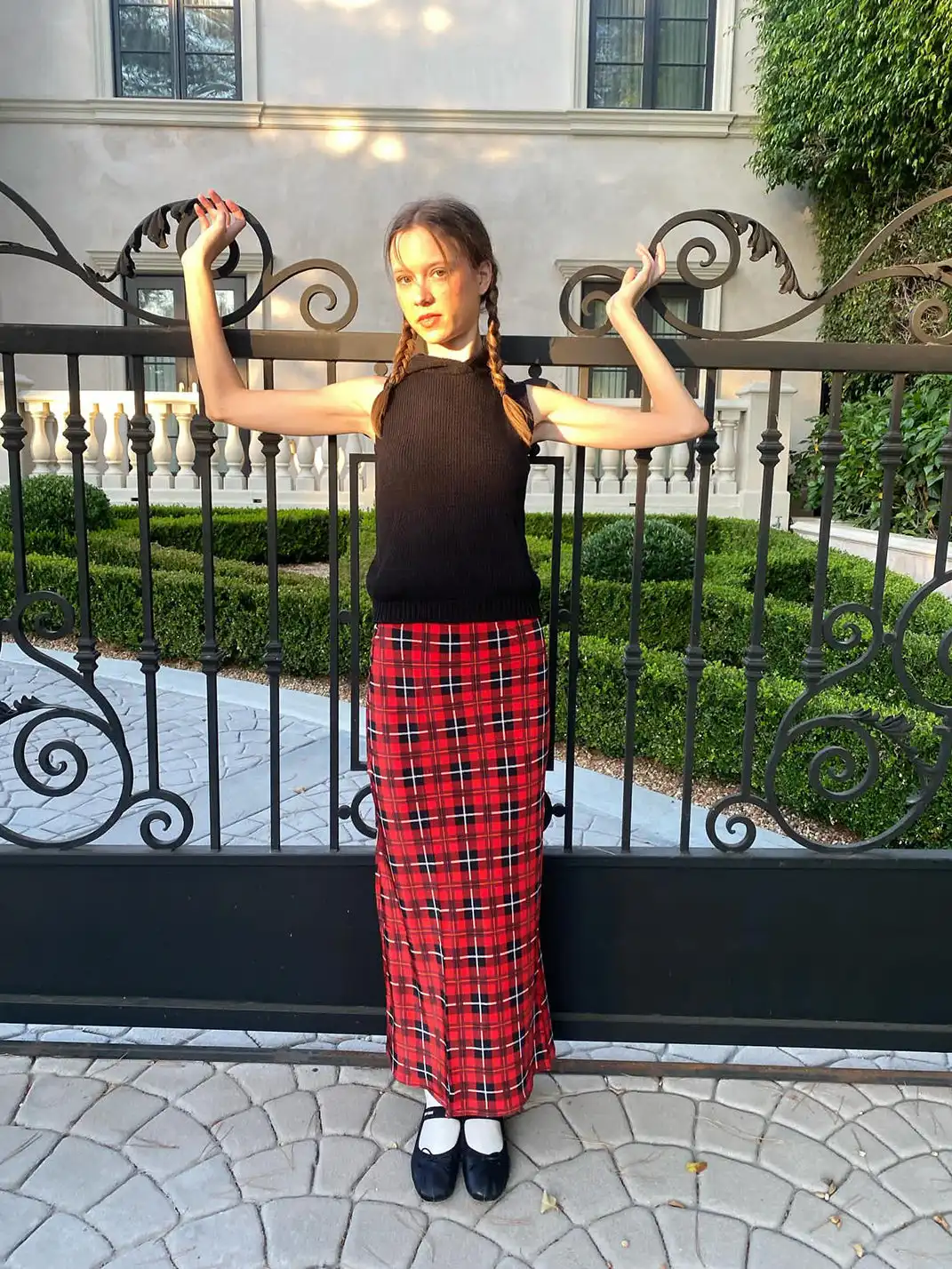 Risque Rose | Hooded Knitwear + Plaid Silk Crepe De Chine Skirt