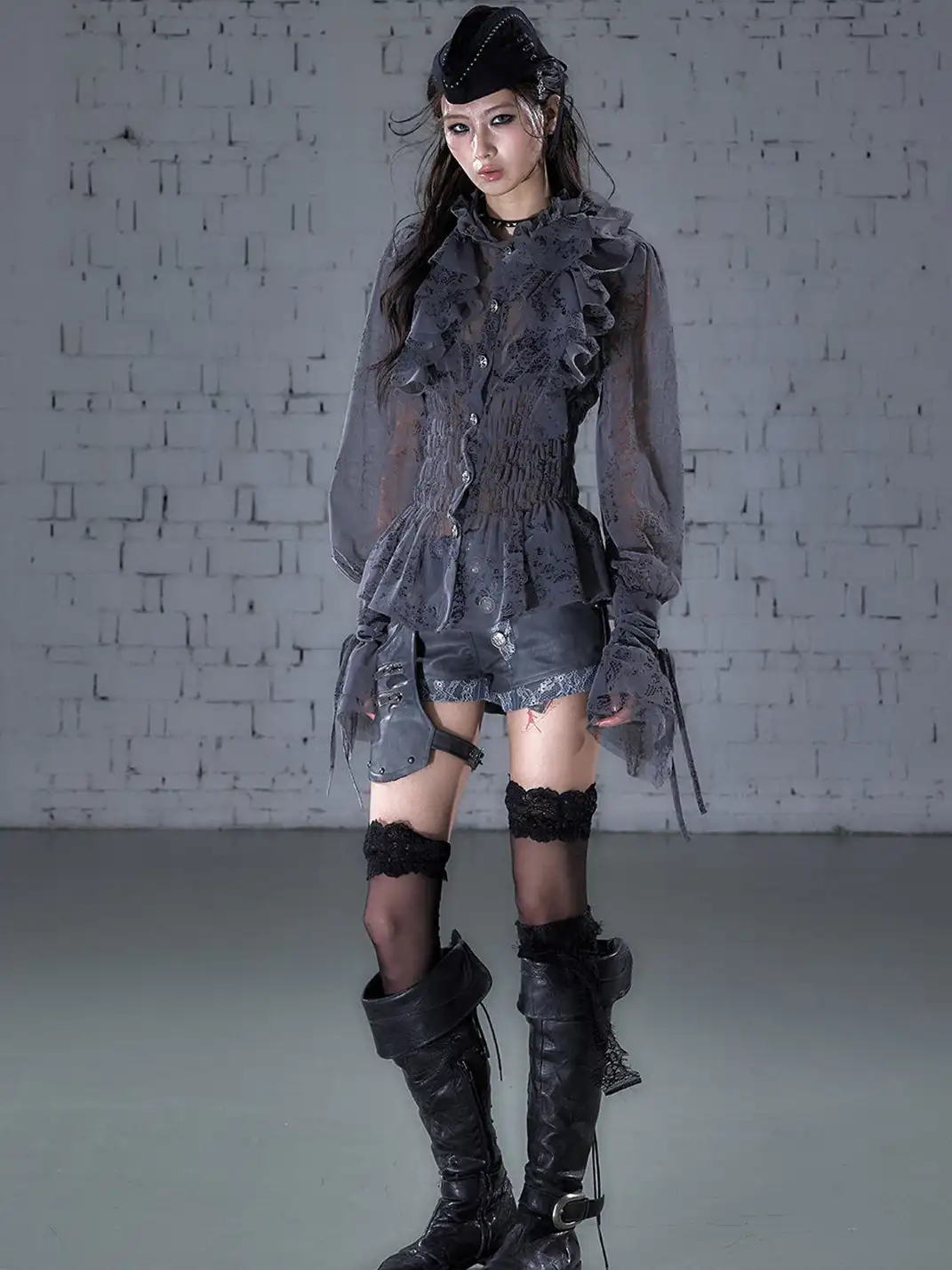 NO ROMANCE | Lace Ruffled Flocked Stand Collar Shirt