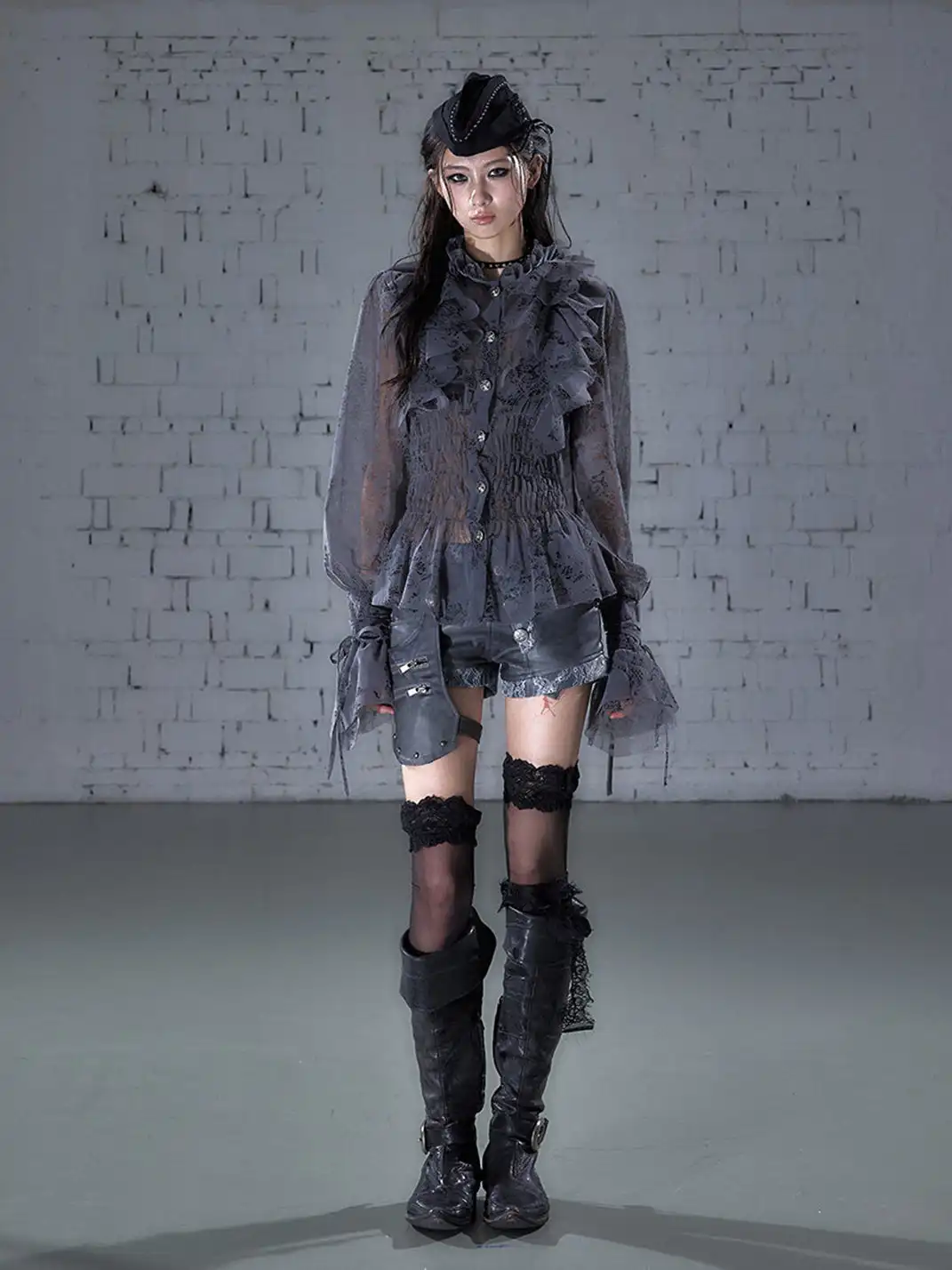 NO ROMANCE | Lace Ruffled Flocked Stand Collar Shirt