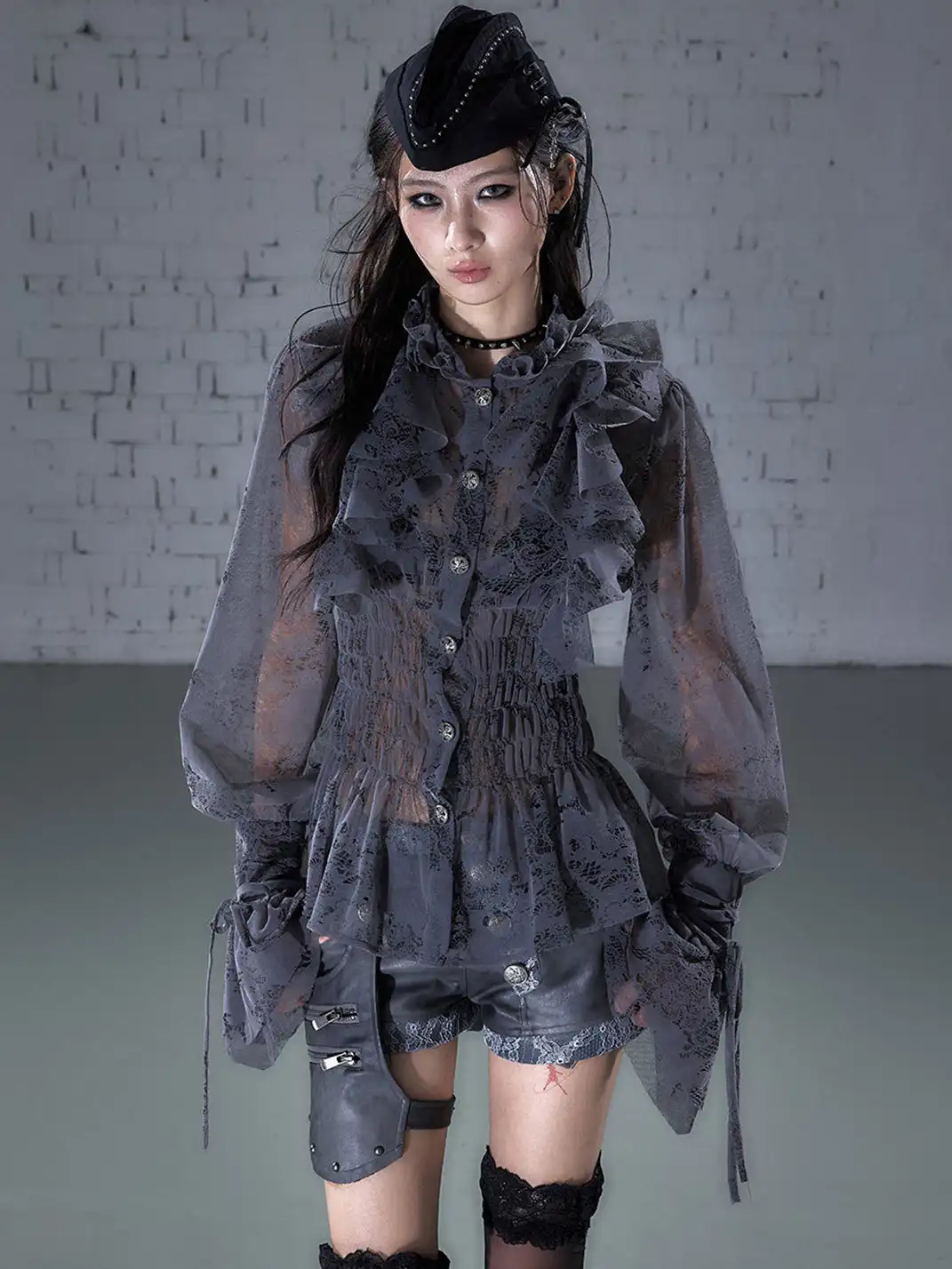 NO ROMANCE | Lace Ruffled Flocked Stand Collar Shirt