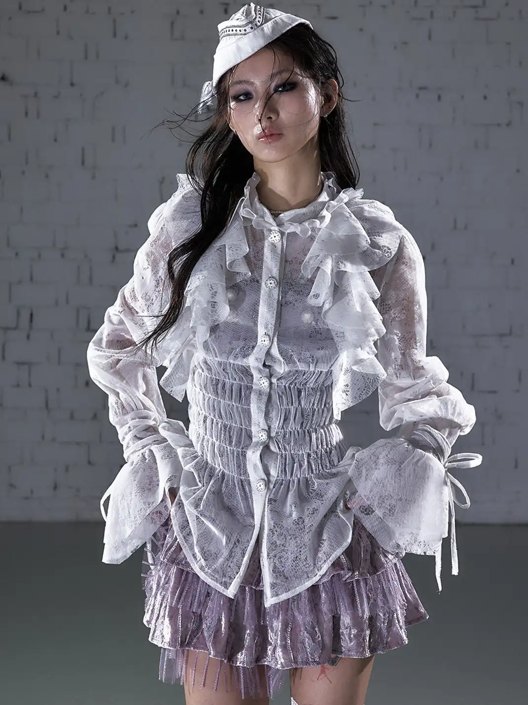 NO ROMANCE | Lace Ruffled Flocked Stand Collar Shirt