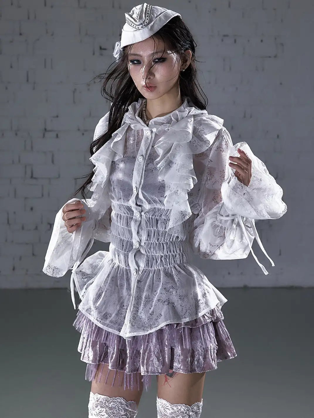 NO ROMANCE | Lace Ruffled Flocked Stand Collar Shirt