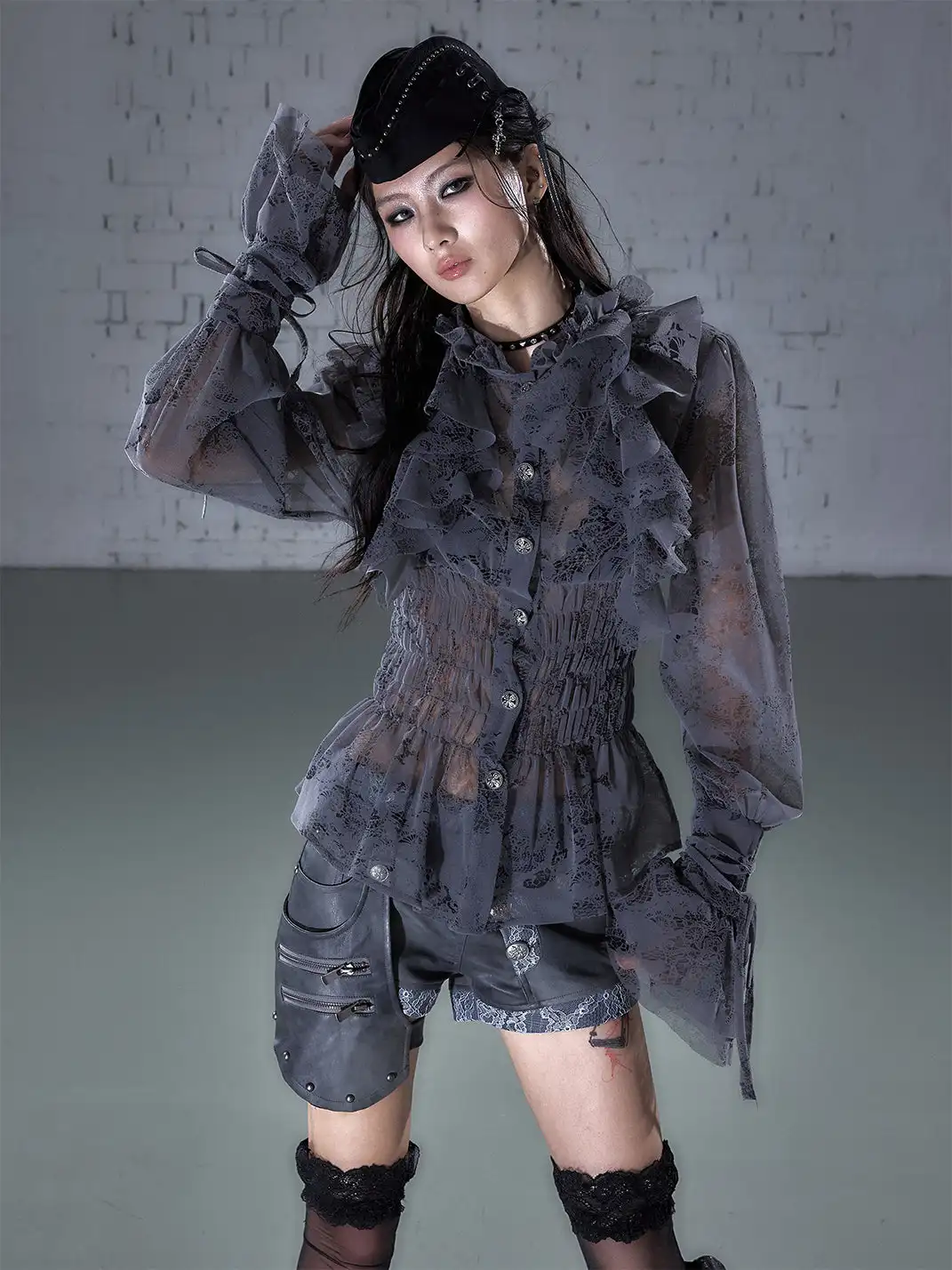 NO ROMANCE | Lace Ruffled Flocked Stand Collar Shirt