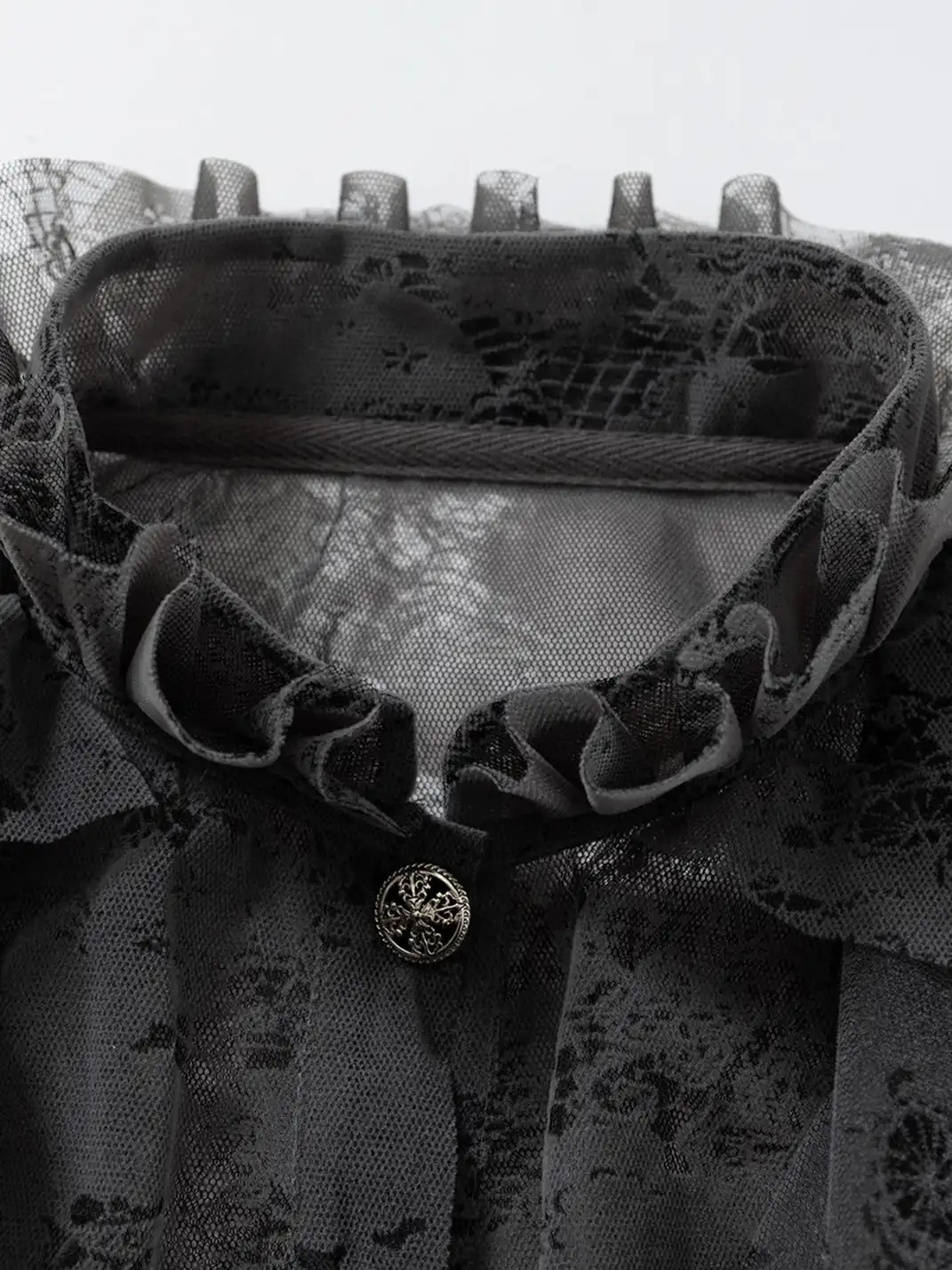 NO ROMANCE | Lace Ruffled Flocked Stand Collar Shirt