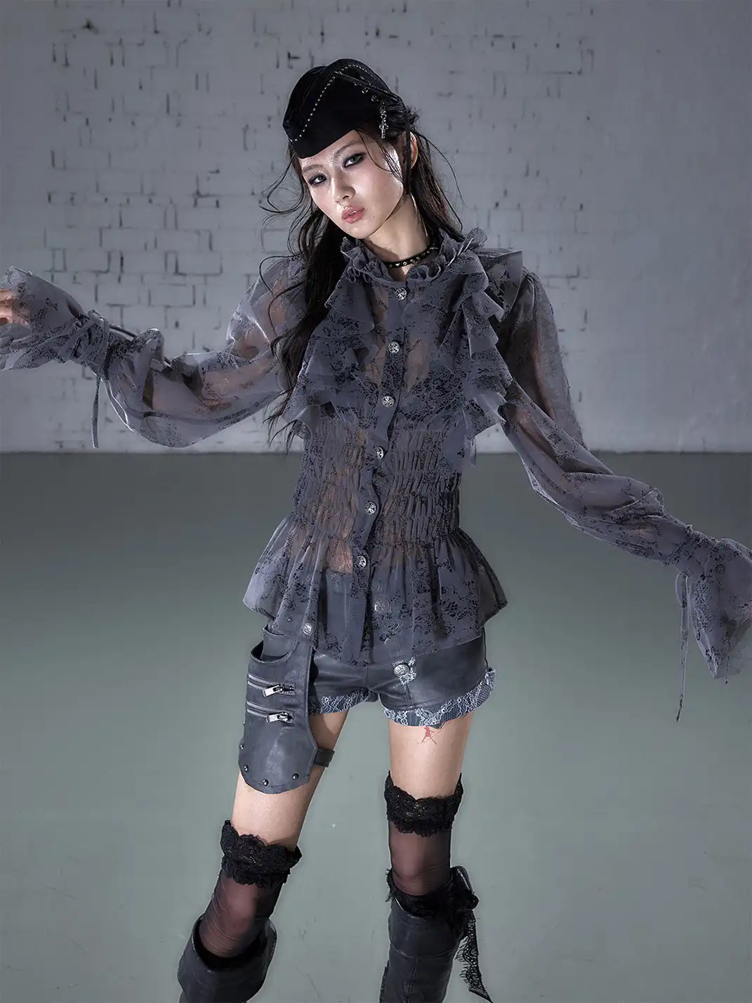 NO ROMANCE | Lace Ruffled Flocked Stand Collar Shirt