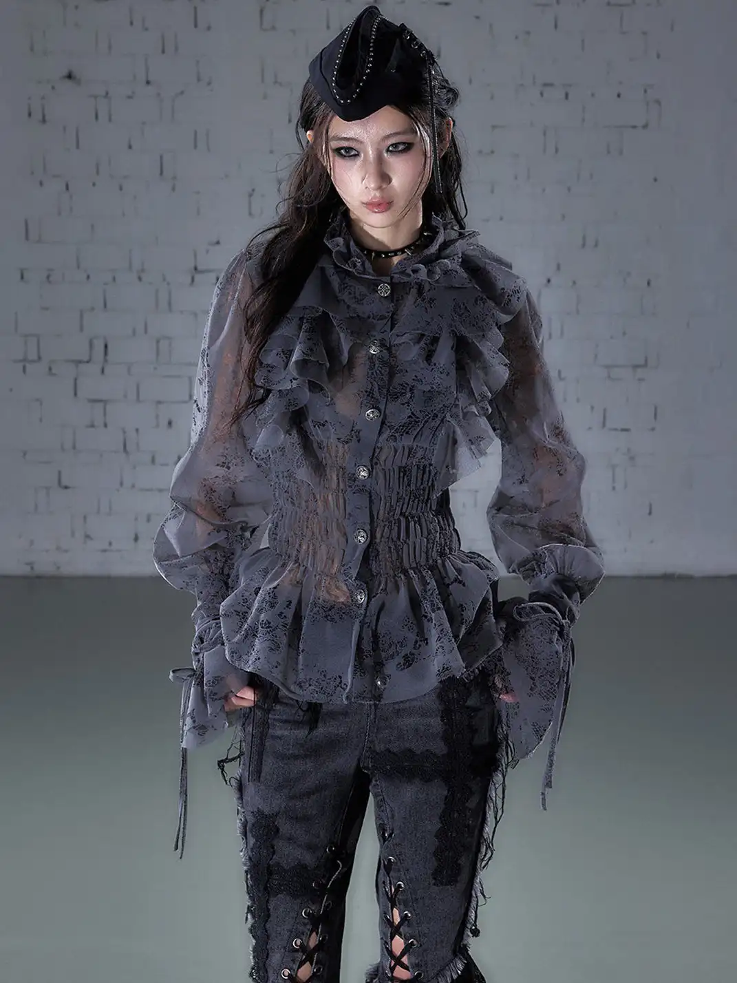 NO ROMANCE | Lace Ruffled Flocked Stand Collar Shirt