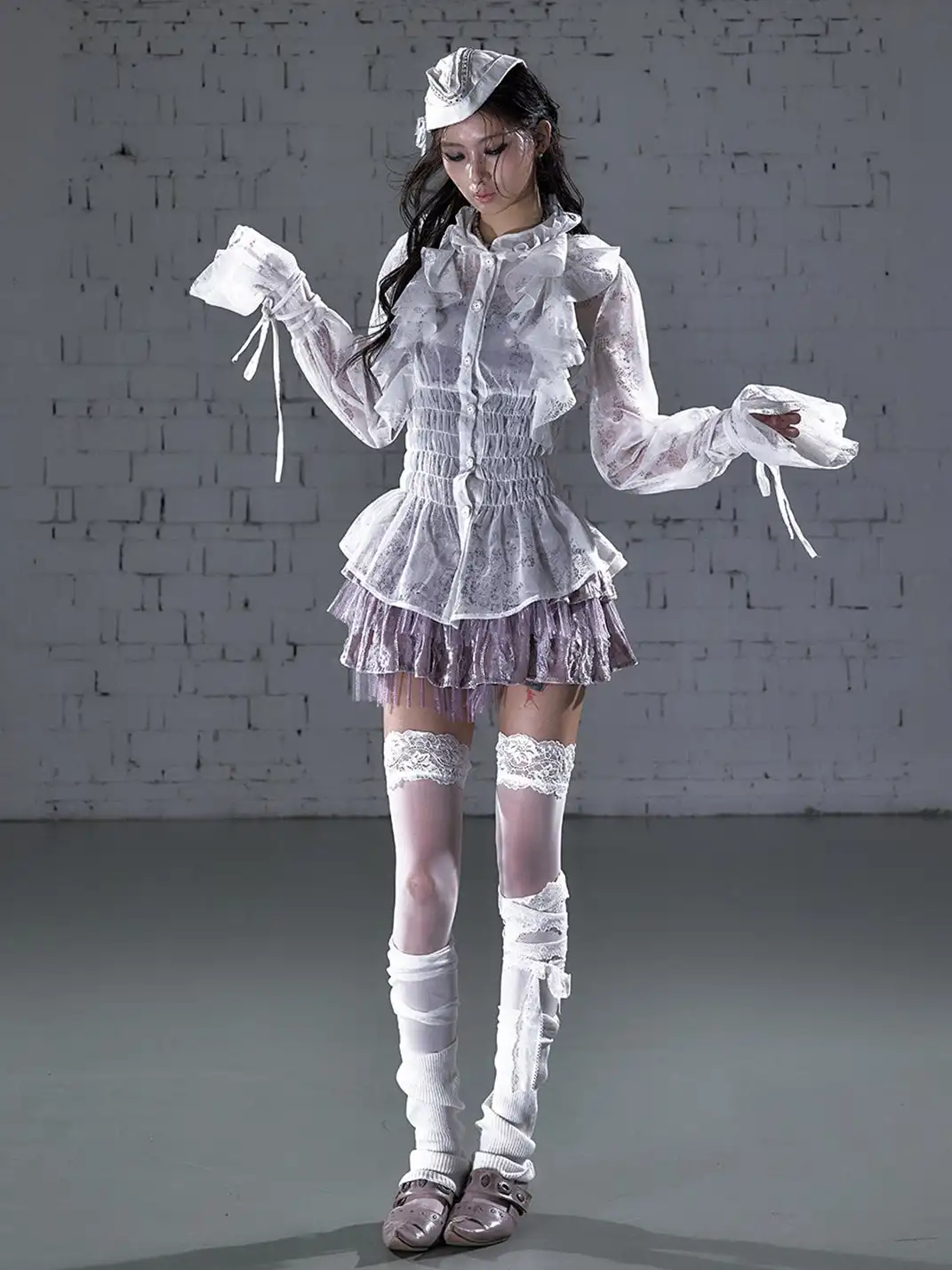 NO ROMANCE | Lace Ruffled Flocked Stand Collar Shirt