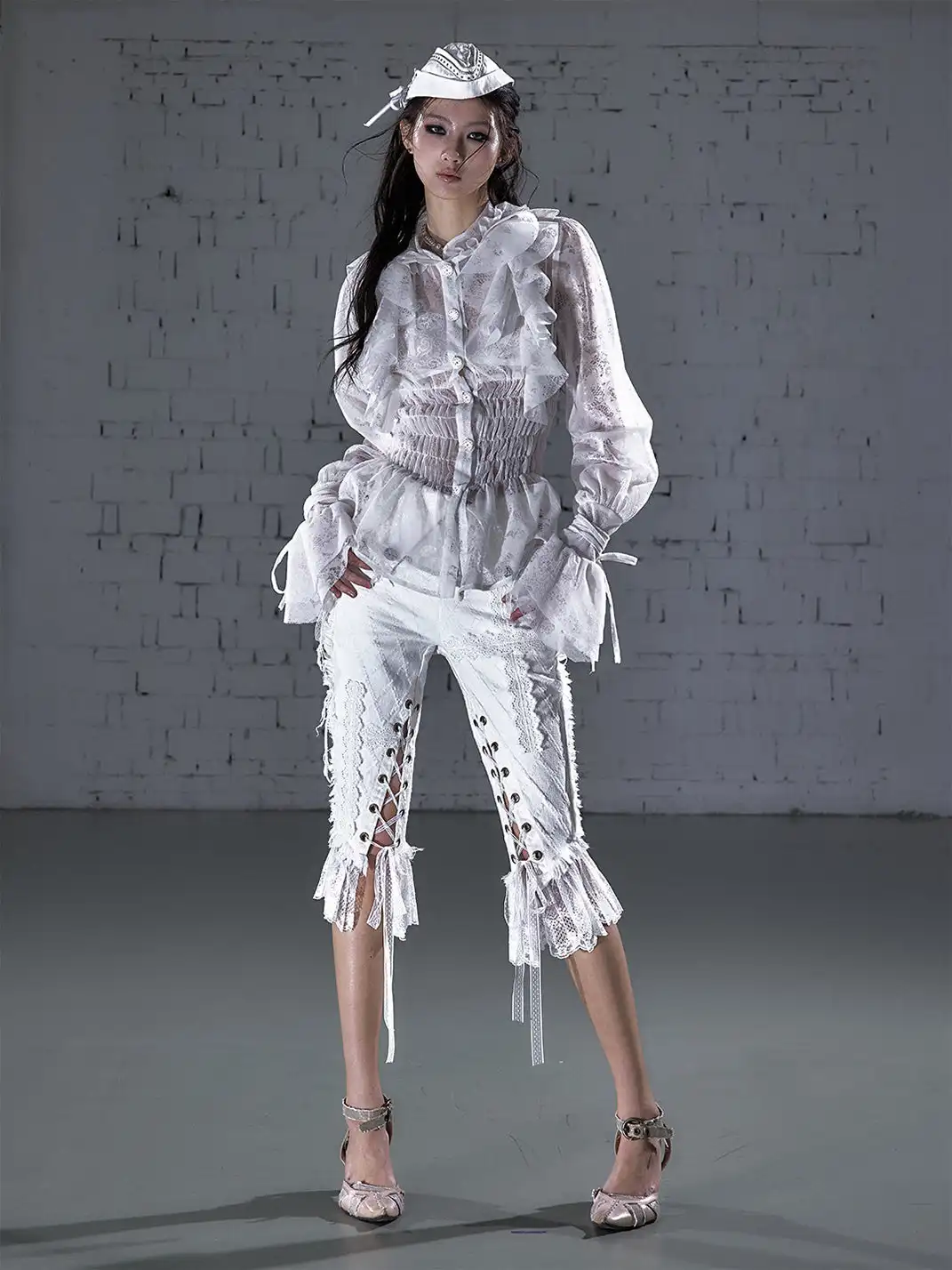 NO ROMANCE | Lace Ruffled Flocked Stand Collar Shirt