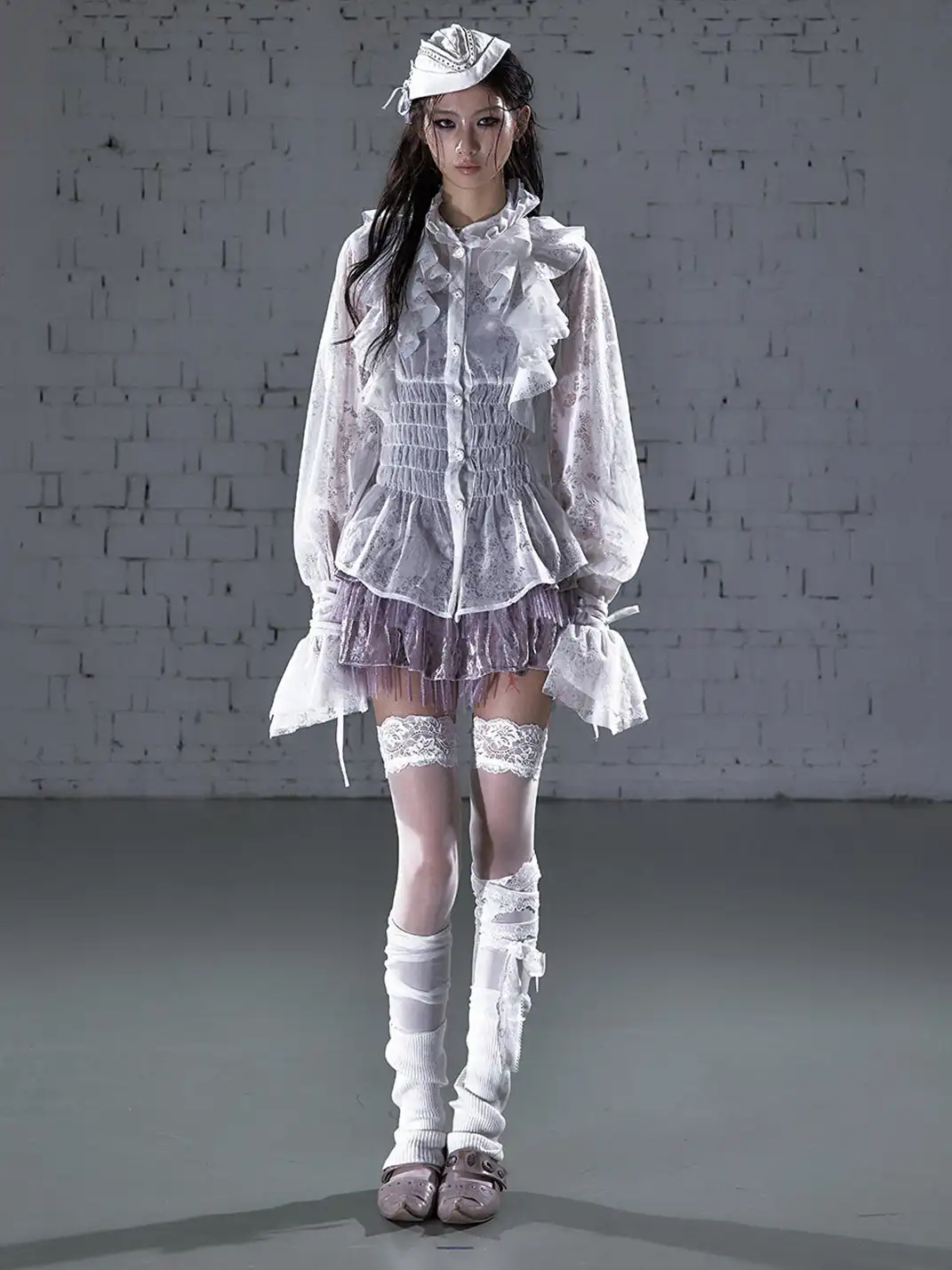 NO ROMANCE | Lace Ruffled Flocked Stand Collar Shirt