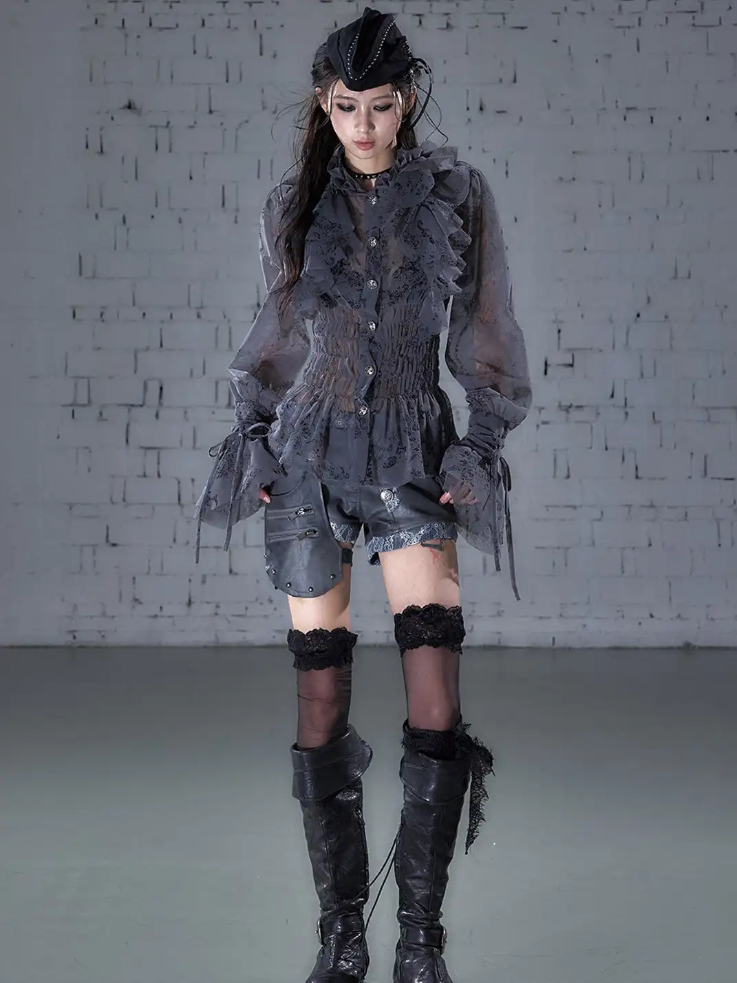 NO ROMANCE | Lace Ruffled Flocked Stand Collar Shirt