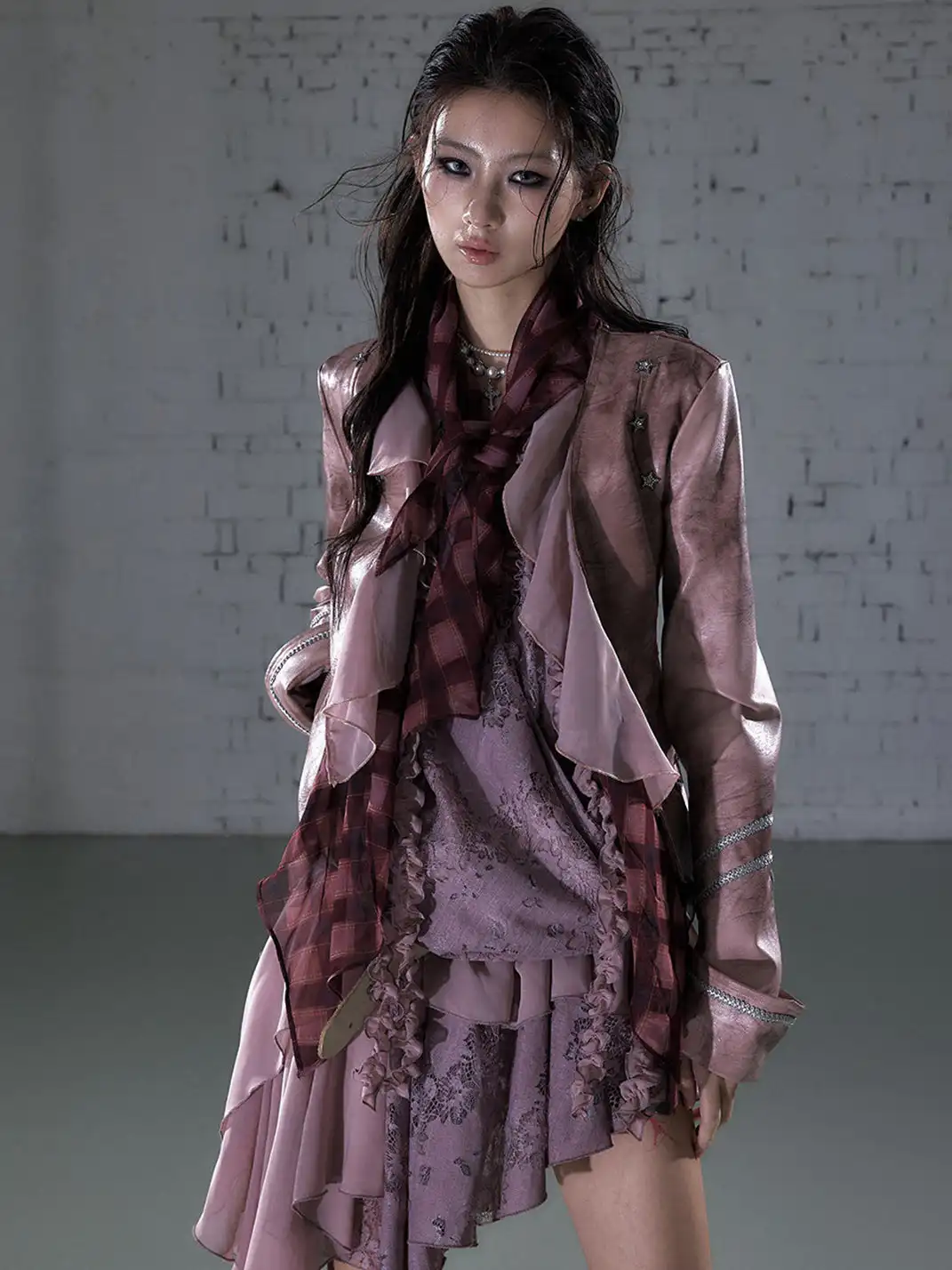 NO ROMANCE | Vintage Chiffon Patchwork Knight PU Jacket