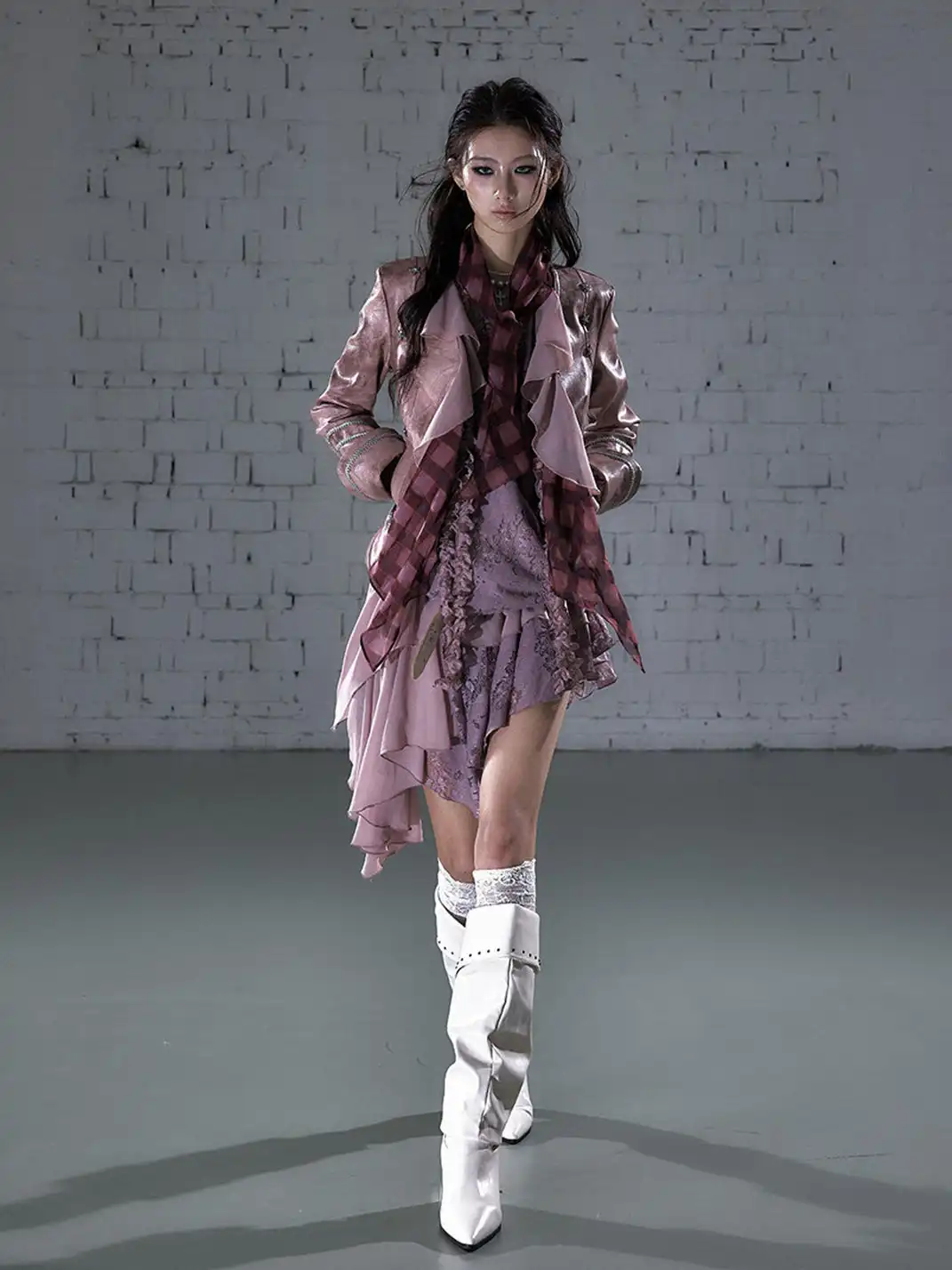 NO ROMANCE | Vintage Chiffon Patchwork Knight PU Jacket