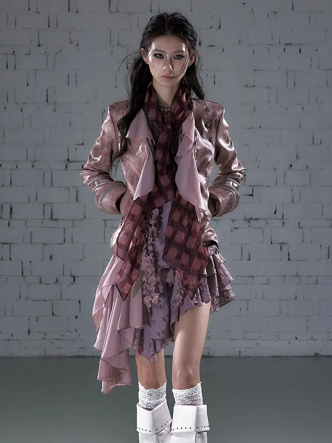 NO ROMANCE | Vintage Chiffon Patchwork Knight PU Jacket