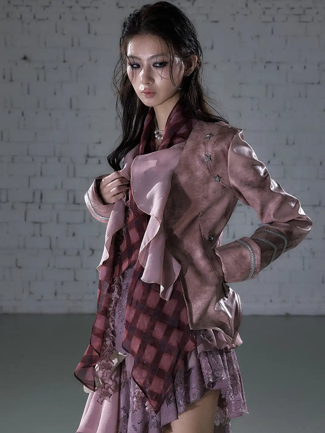 NO ROMANCE | Vintage Chiffon Patchwork Knight PU Jacket