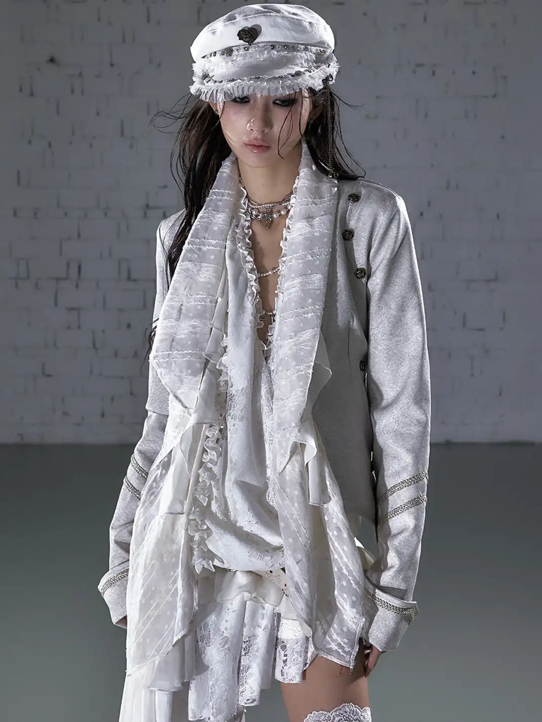 NO ROMANCE | Vintage Chiffon Patchwork Knight PU Jacket