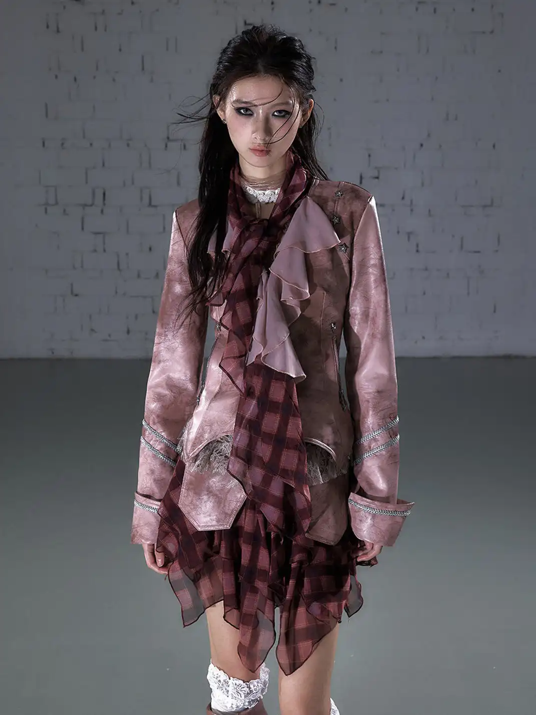 NO ROMANCE | Vintage Chiffon Patchwork Knight PU Jacket